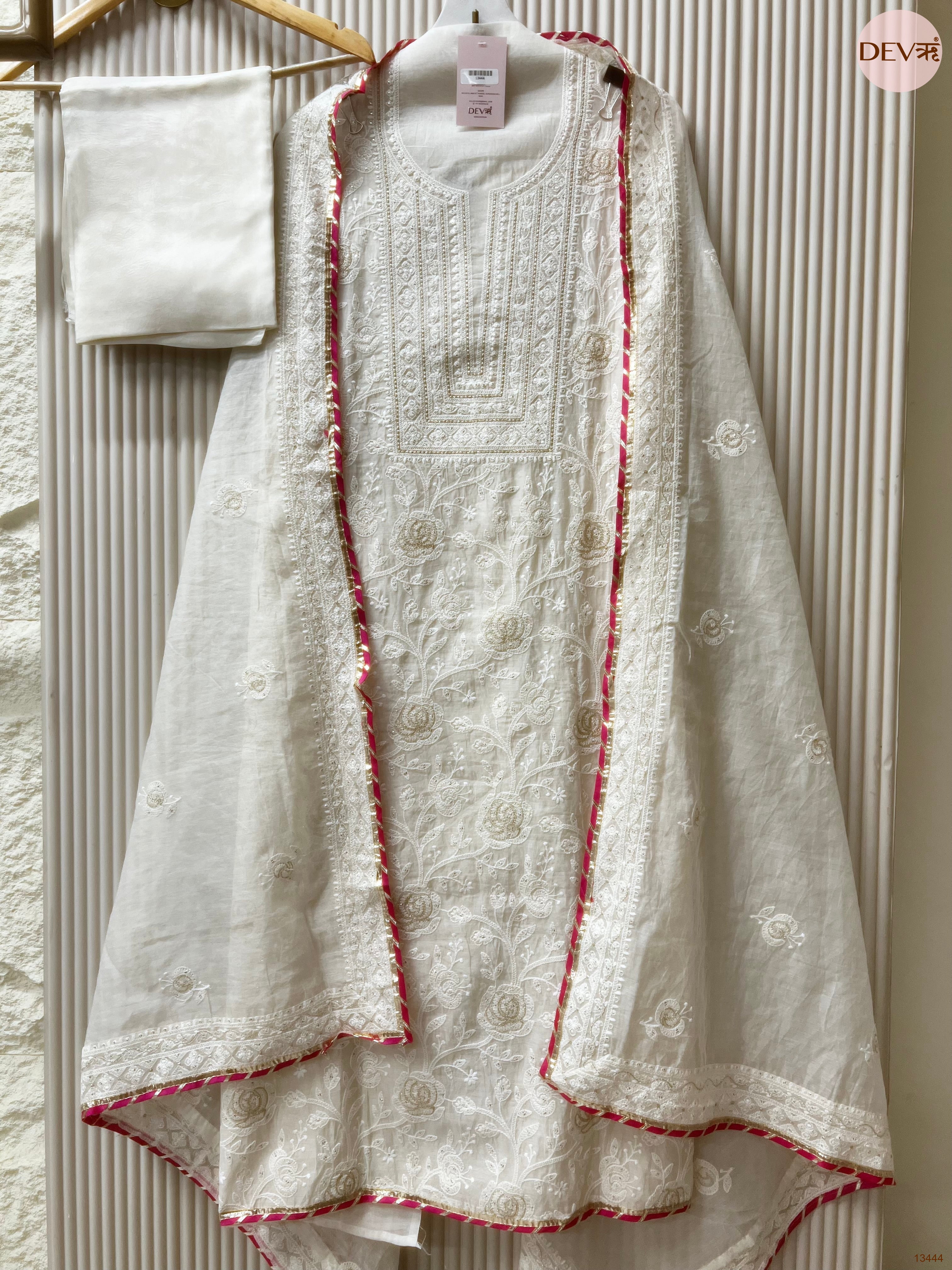 White Mul chanderi Embroidered Unstitched 3-Piece Suit (Devri – D.No 13444)