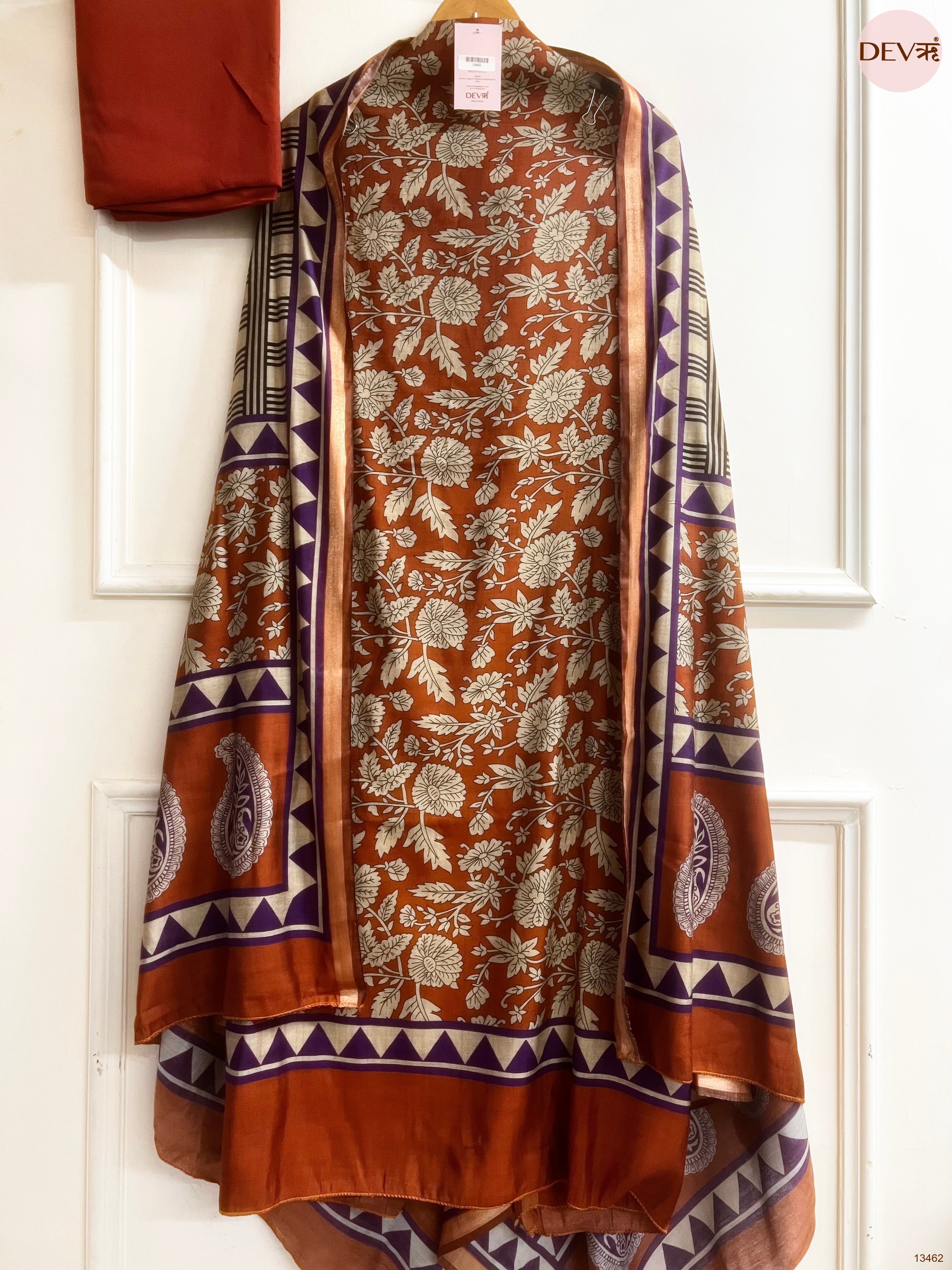 Rust Maheshwari Silk Printed Unstitched 3-Piece Suit (Devri – D.No 13462)