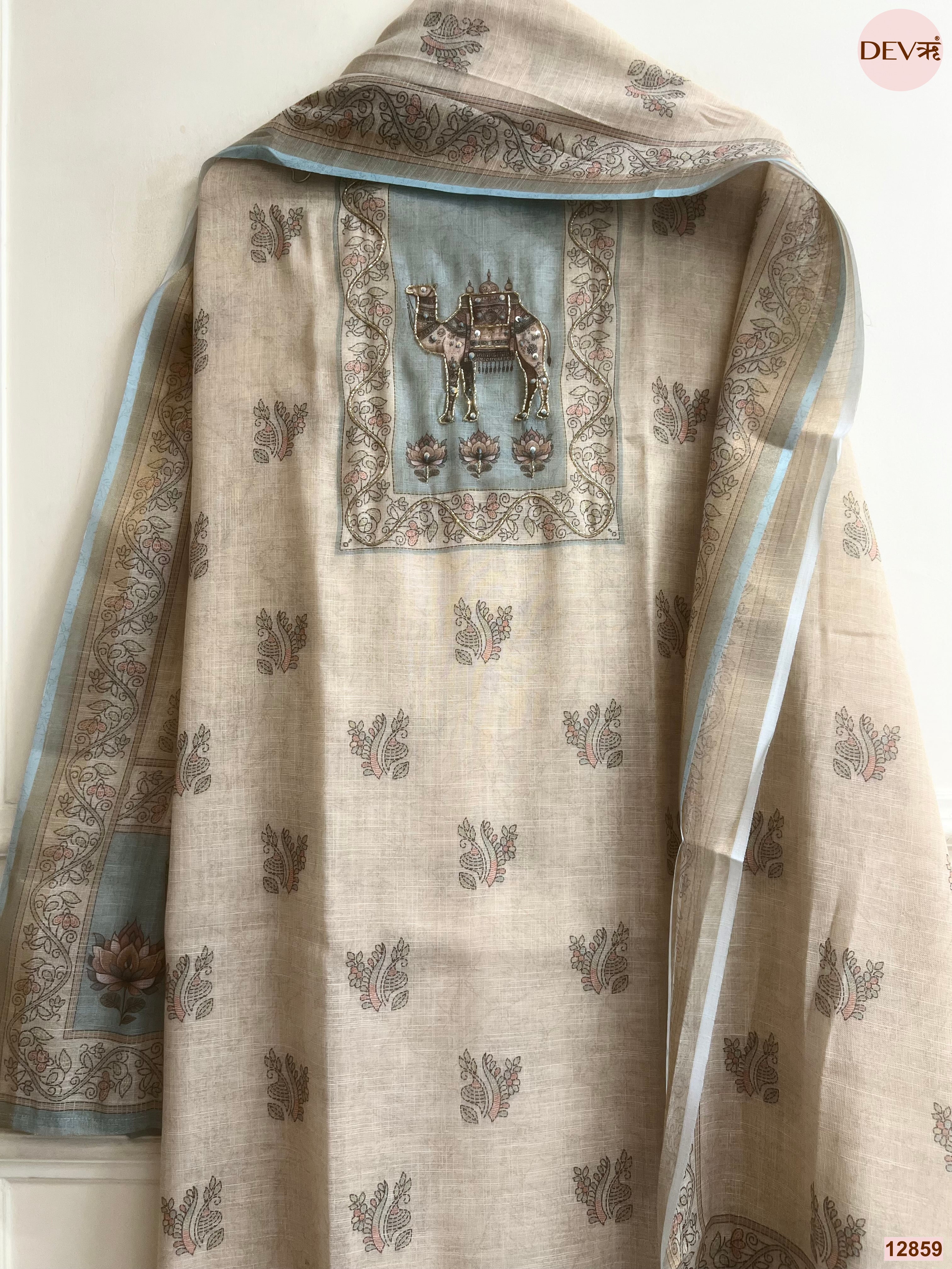 Blue Linen Cotton Printed Unstitched 3-Piece Suit (Devri – D.No 12859)