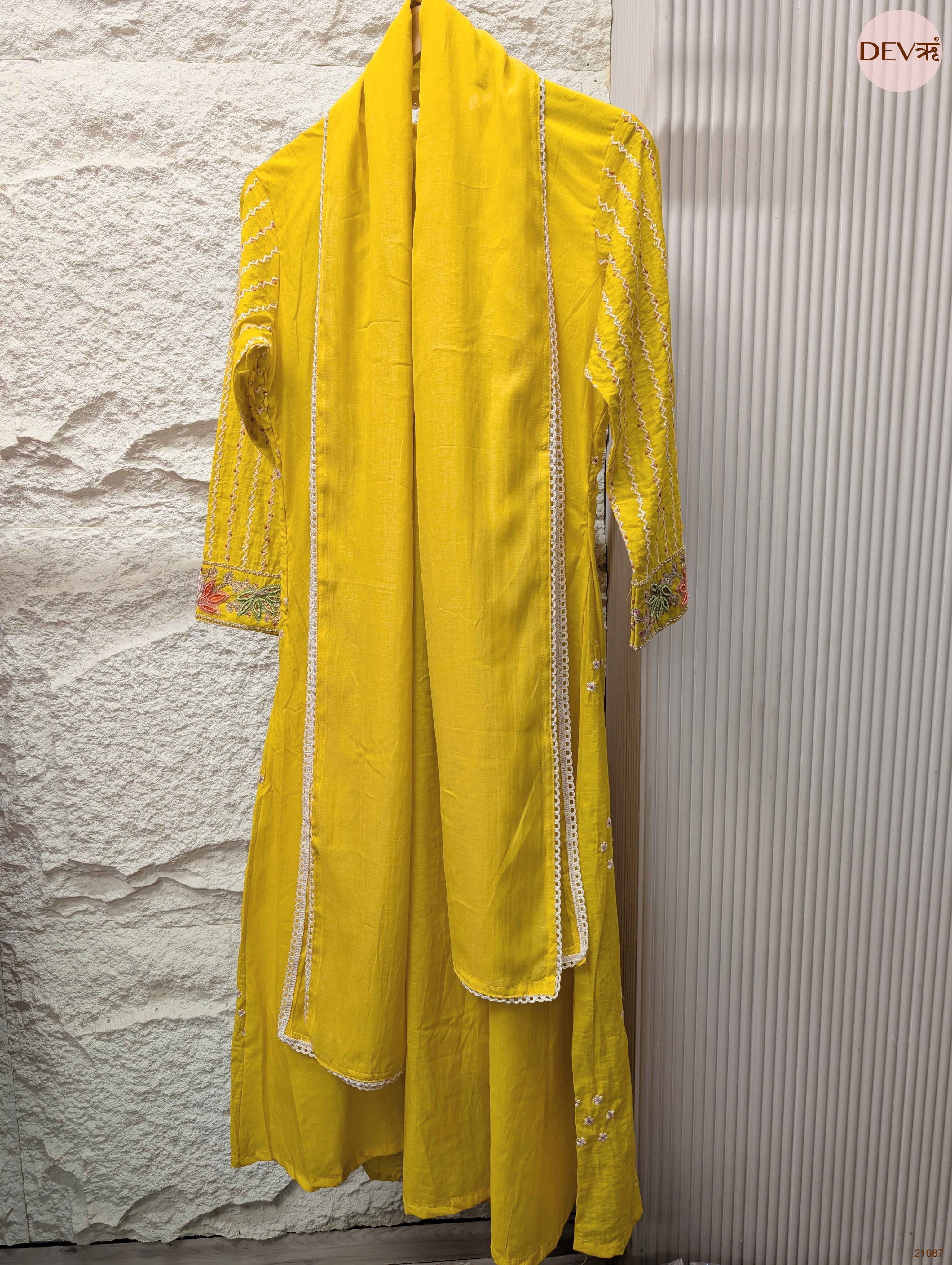 Gulnaar Mul Chanderi Embroidered Yellow 3-Piece Set (Devri – D.No 21087)