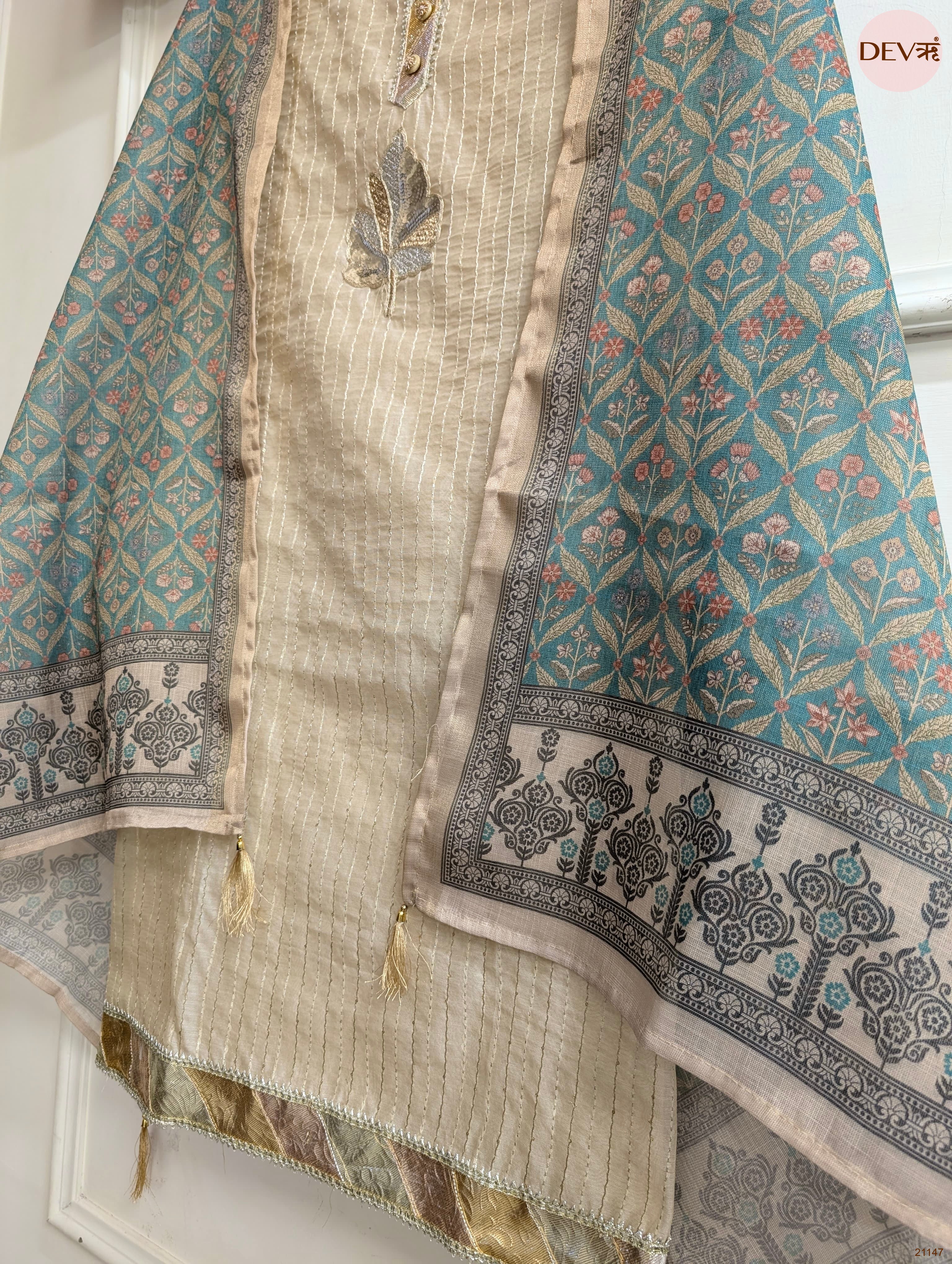 Beige Pure Chanderi Embroidered Unstitched 3-Piece Suit (Devri – D.No 21147)