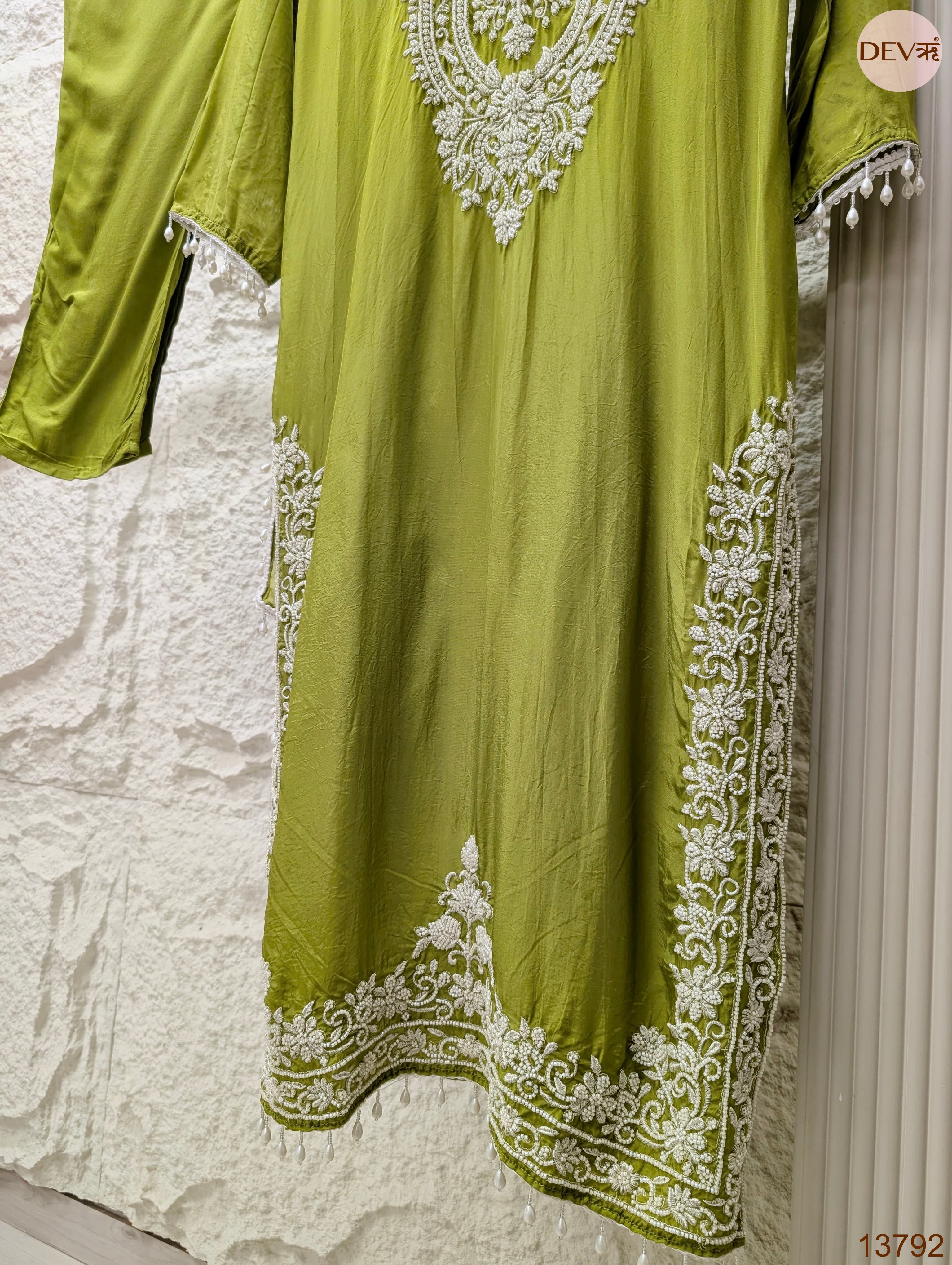 Zareen Pure organza silk Embroidered Olive Green 3-Piece Set (Devri – D.No 13792)