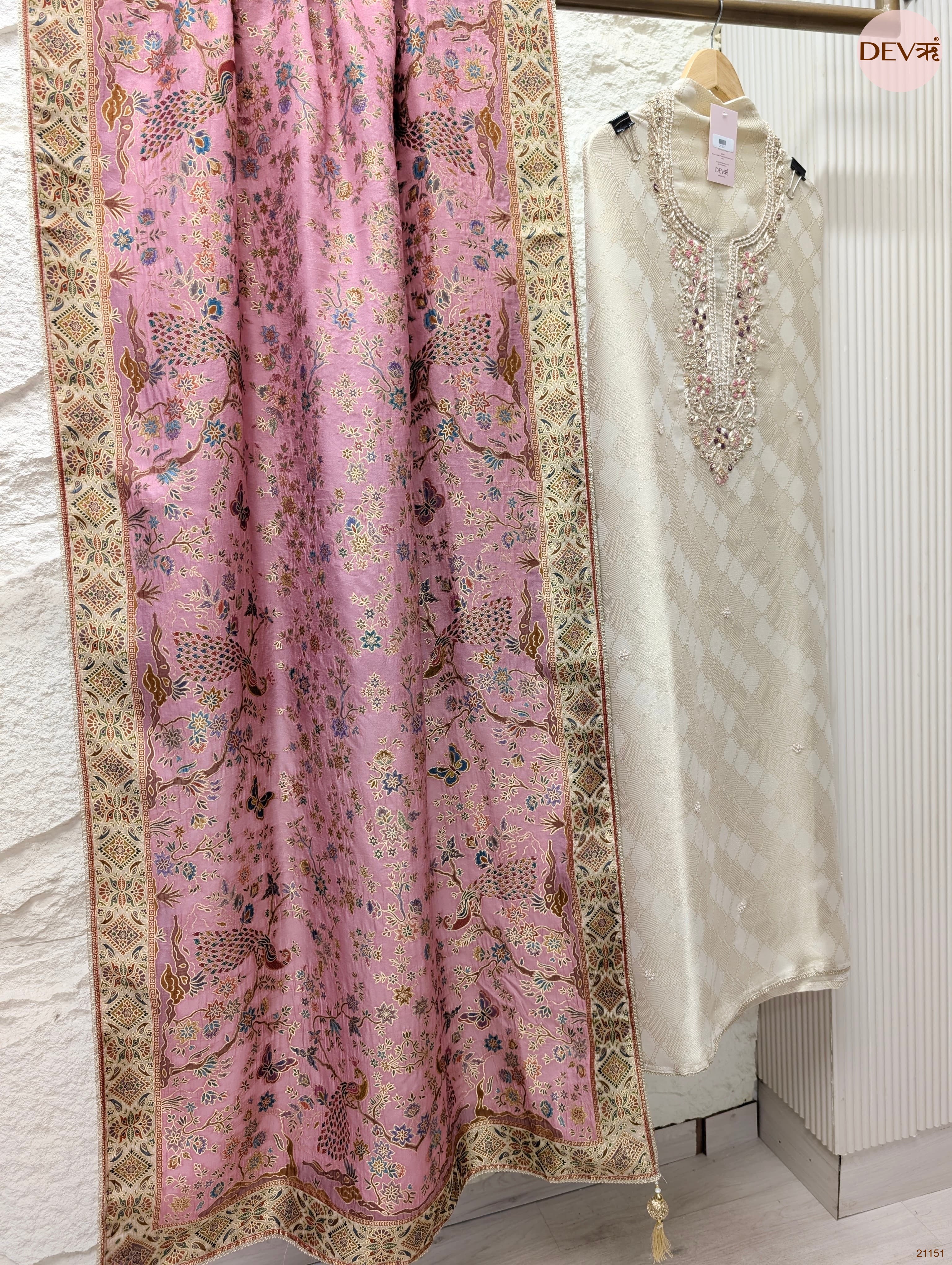 Cream Pure Banarasi Woven Silk Embroidered Unstitched 3-Piece Suit (Devri – D.No 21151)