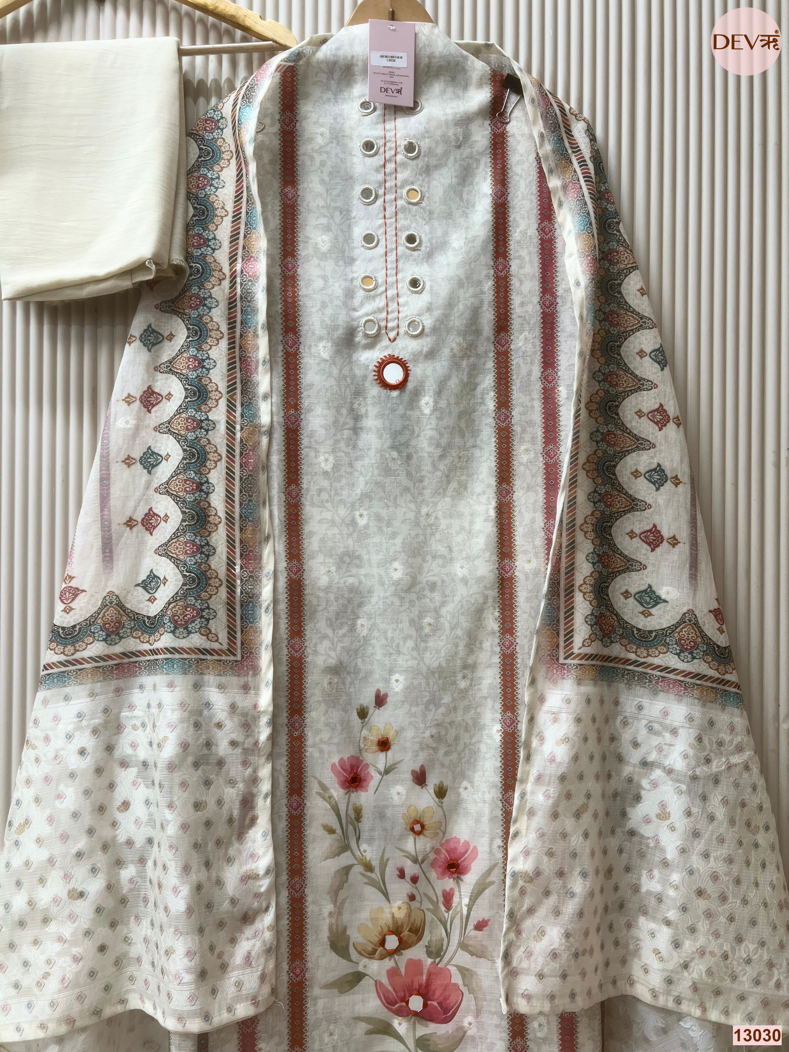 Off White Pure Linen Cotton Printed Unstitched 3-Piece Suit (Devri – D.No 13030)