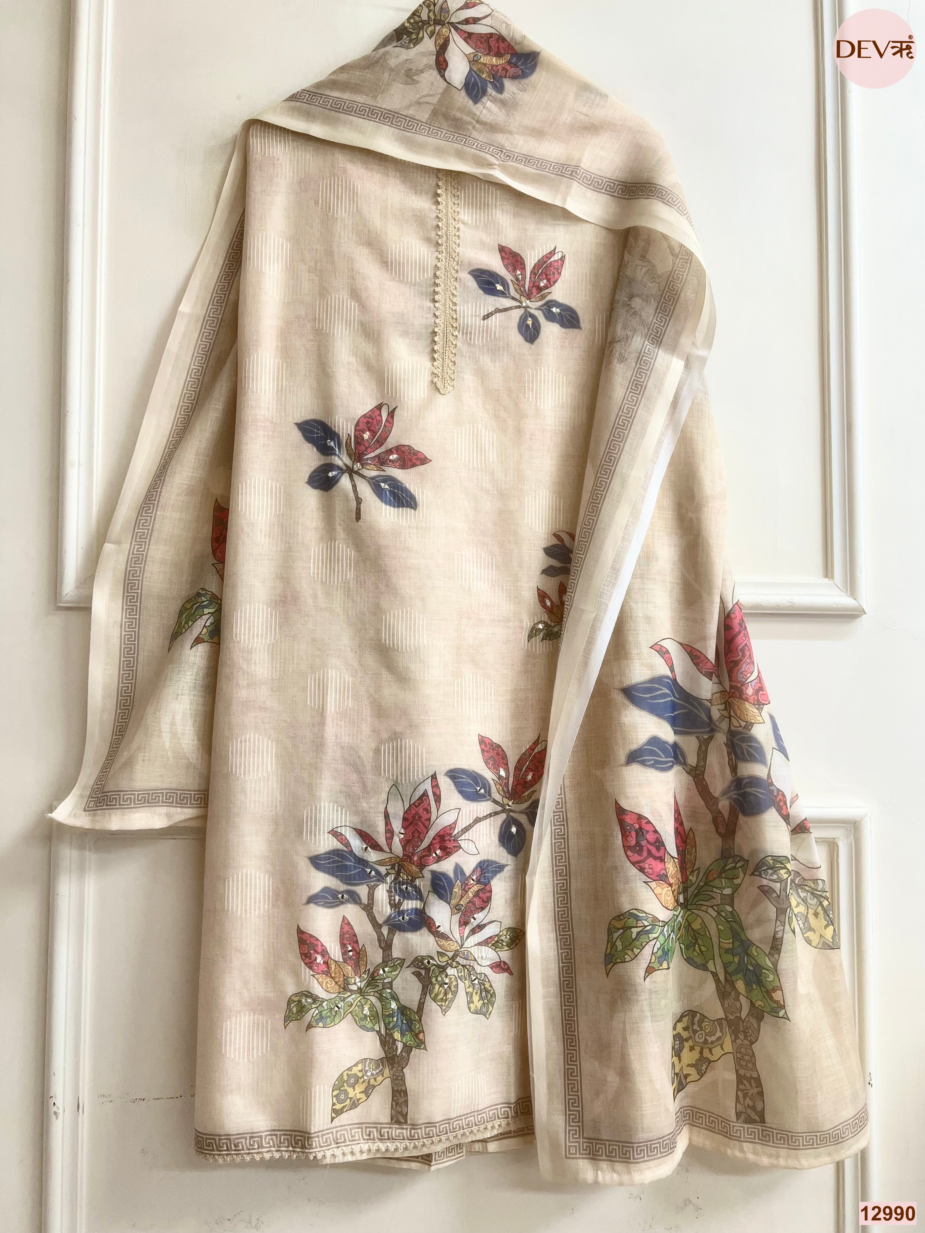 Cream Linen Printed Unstitched 3-Piece Suit (Devri – D.No 12990)