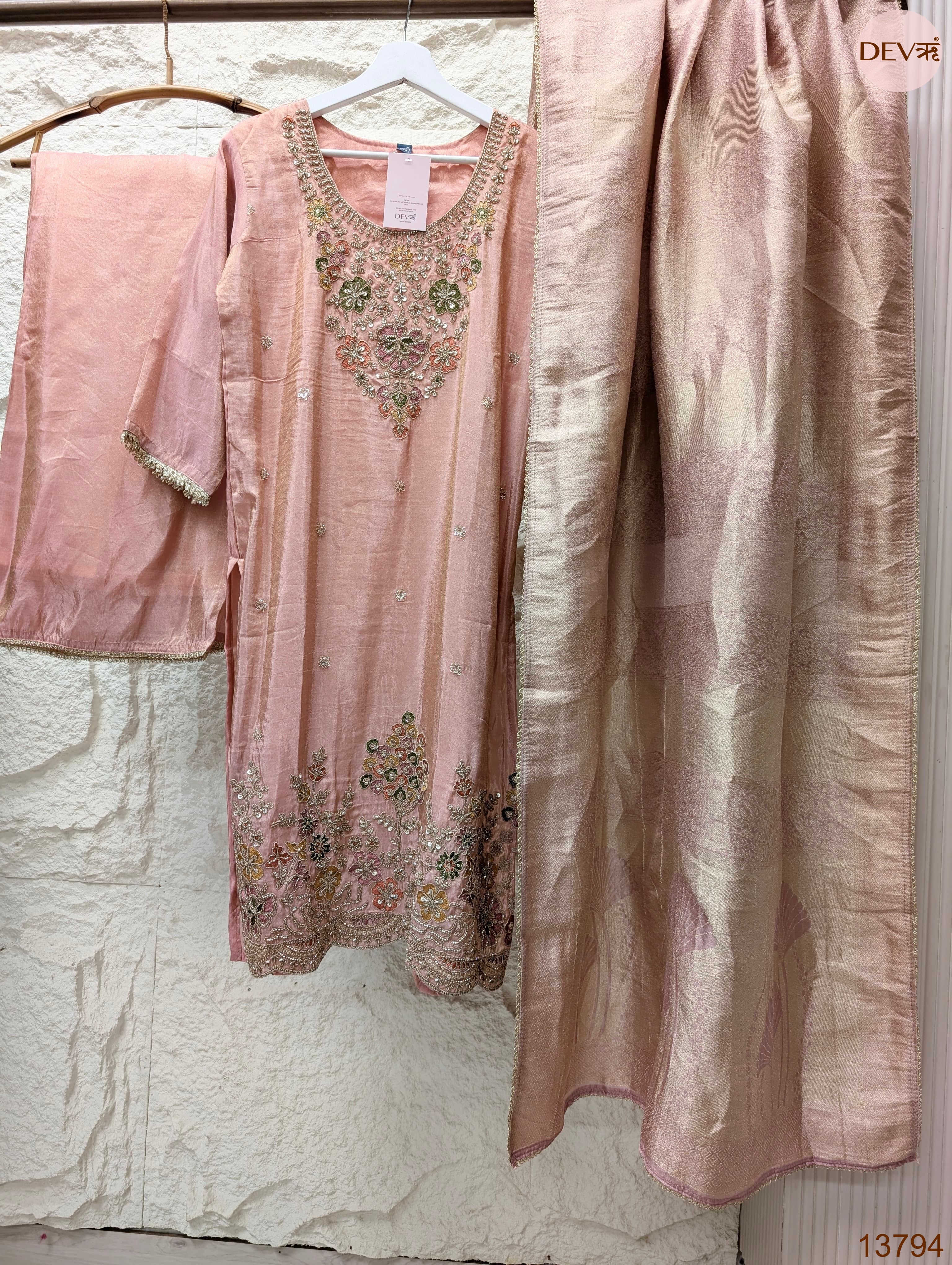 Gulnaar Tissue silk Embroidered Blush Pink 3-Piece Set (Devri – D.No 13794)