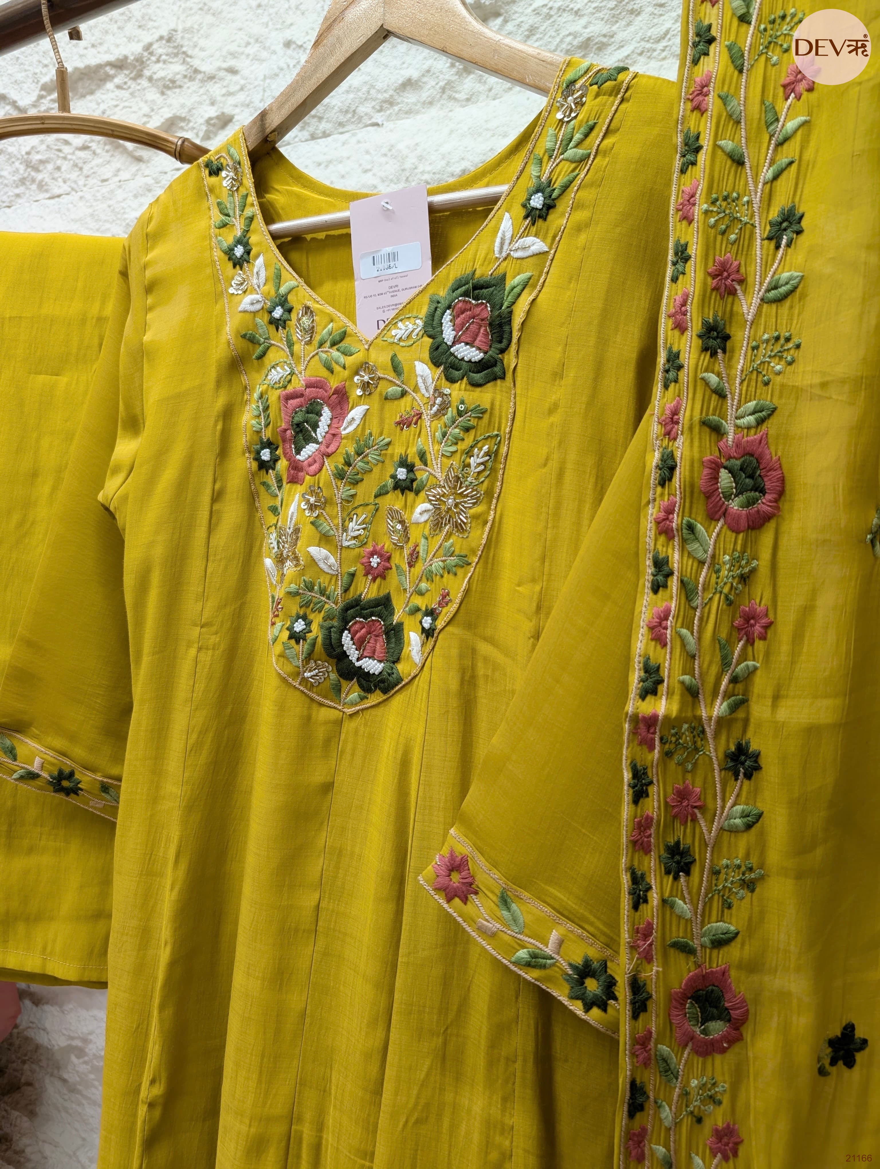 Gulnaar Mul Chanderi Embroidered Mustard 3-Piece Set (Devri – D.No 21166)