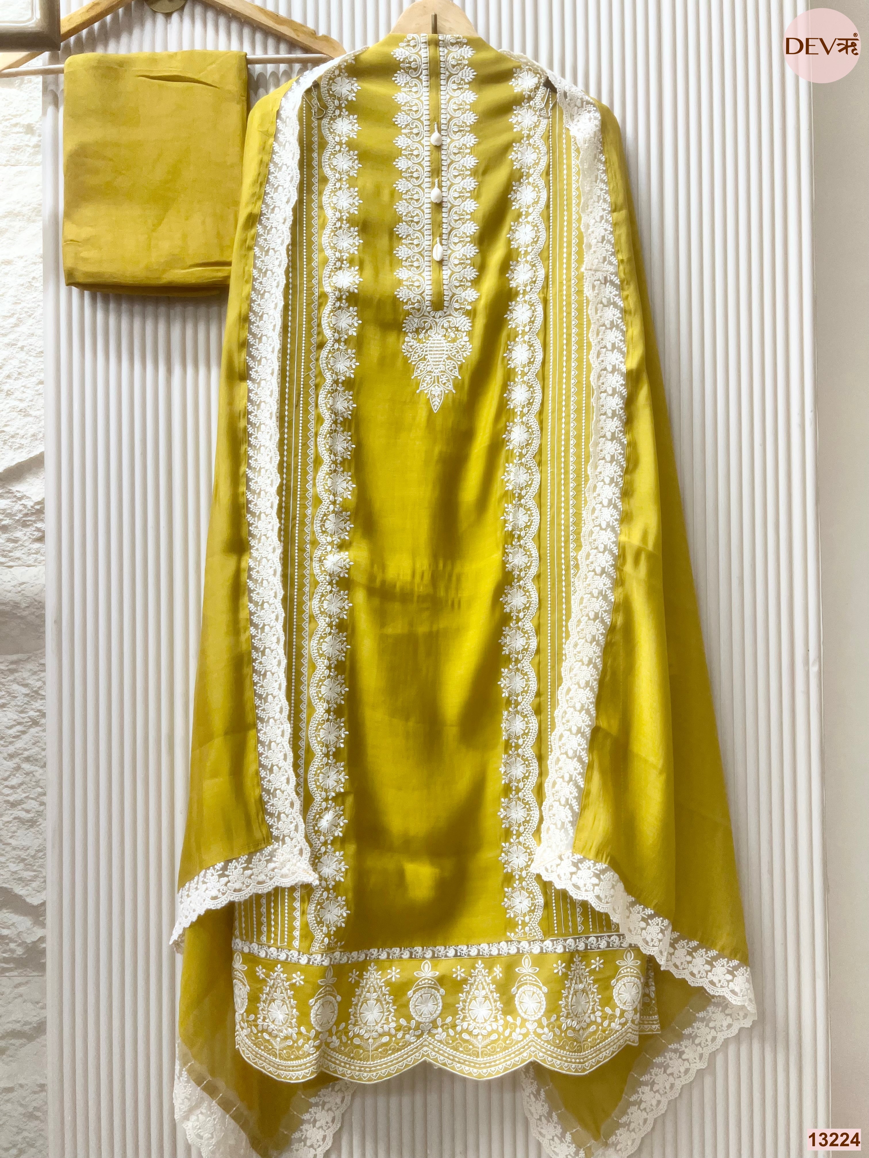 Mustard Mul Cotton Embroidered Unstitched 3-Piece Suit (Devri – D.No 13224)