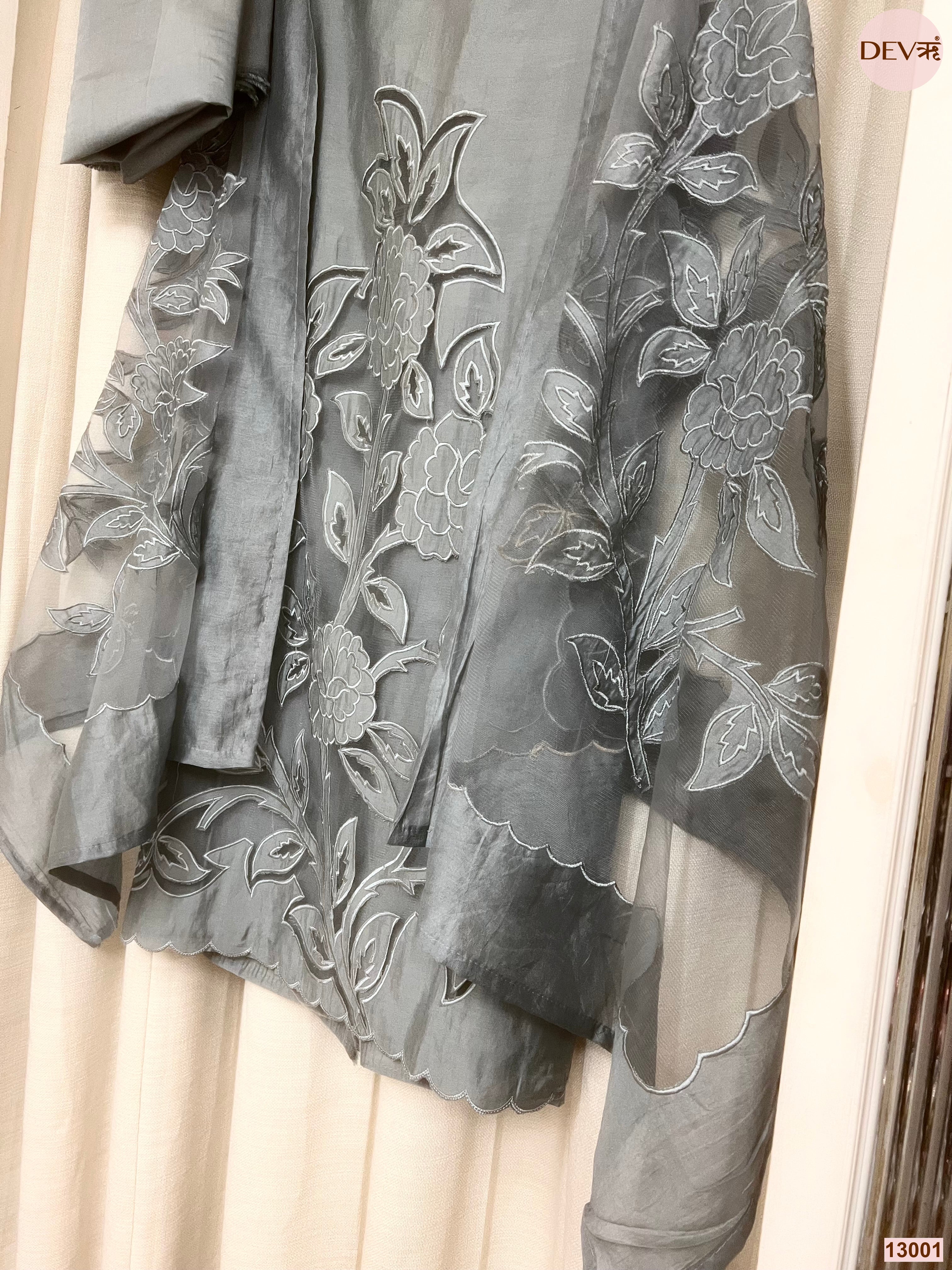 Grey Roman Silk Embroidered Unstitched 3-Piece Suit (Devri – D.No 13001)