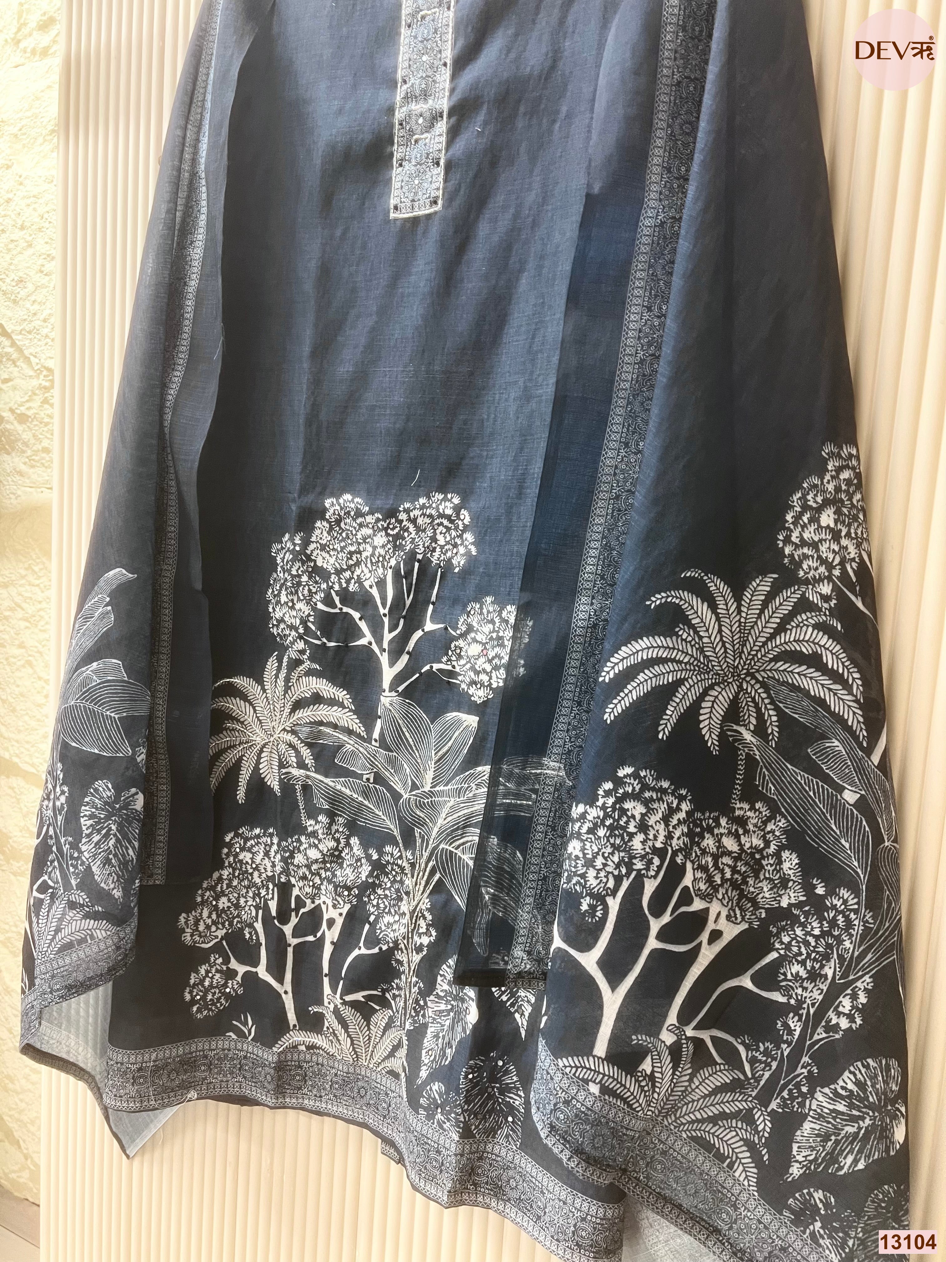 Navy Linen Cotton Printed Unstitched 3-Piece Suit (Devri – D.No 13104)