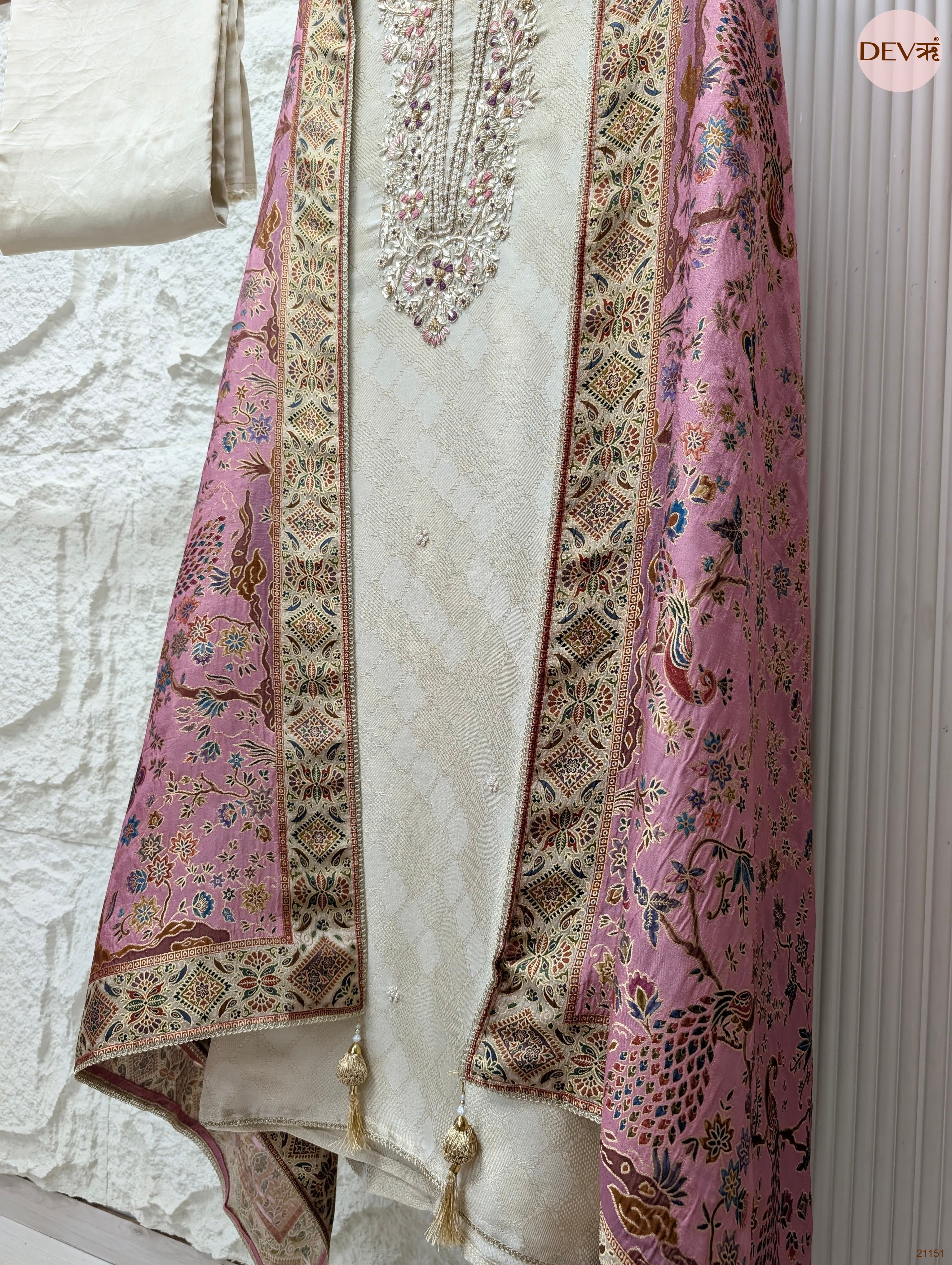 Cream Pure Banarasi Woven Silk Embroidered Unstitched 3-Piece Suit (Devri – D.No 21151)
