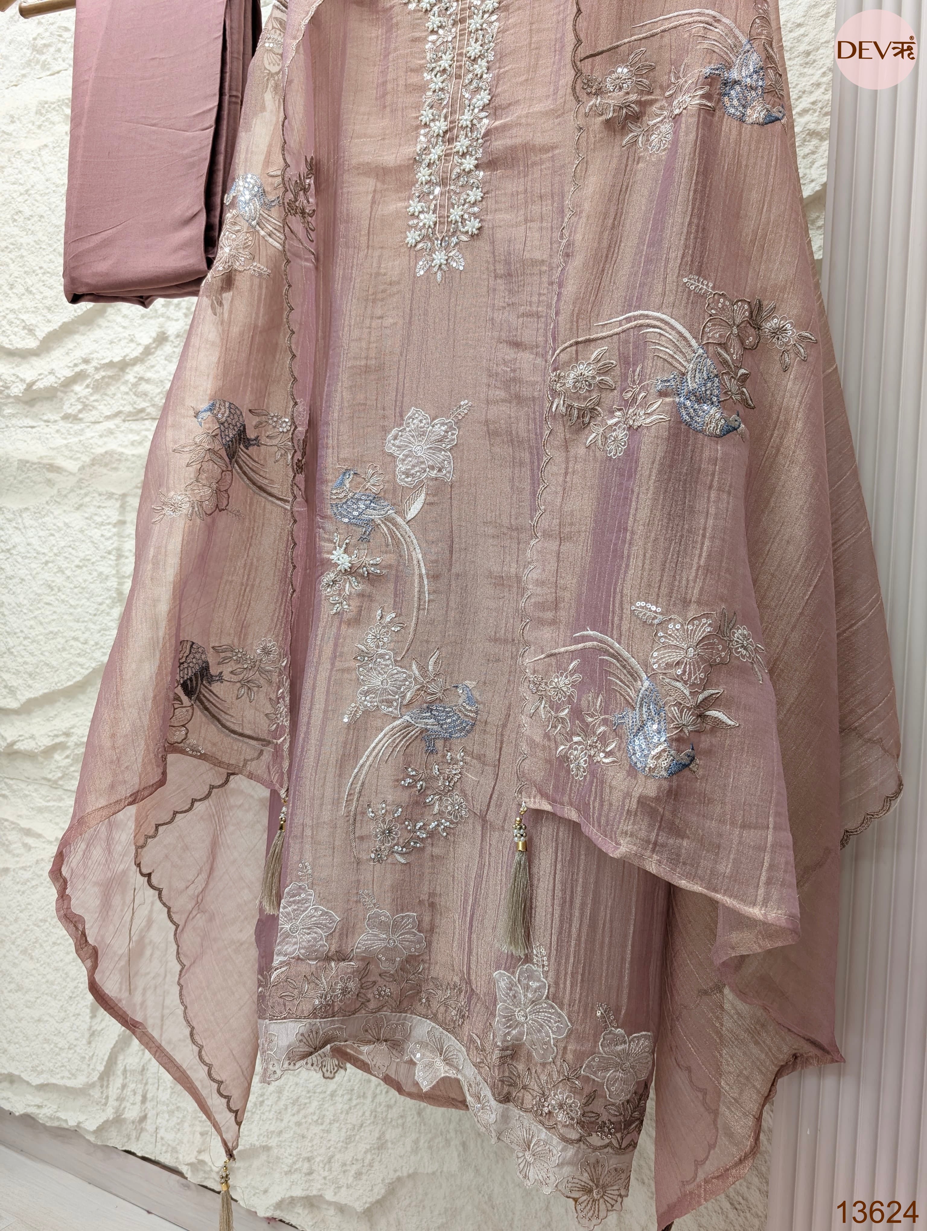 Pink Tissue Crush Silk Embroidered Unstitched 3-Piece Suit (Devri – D.No 13624)
