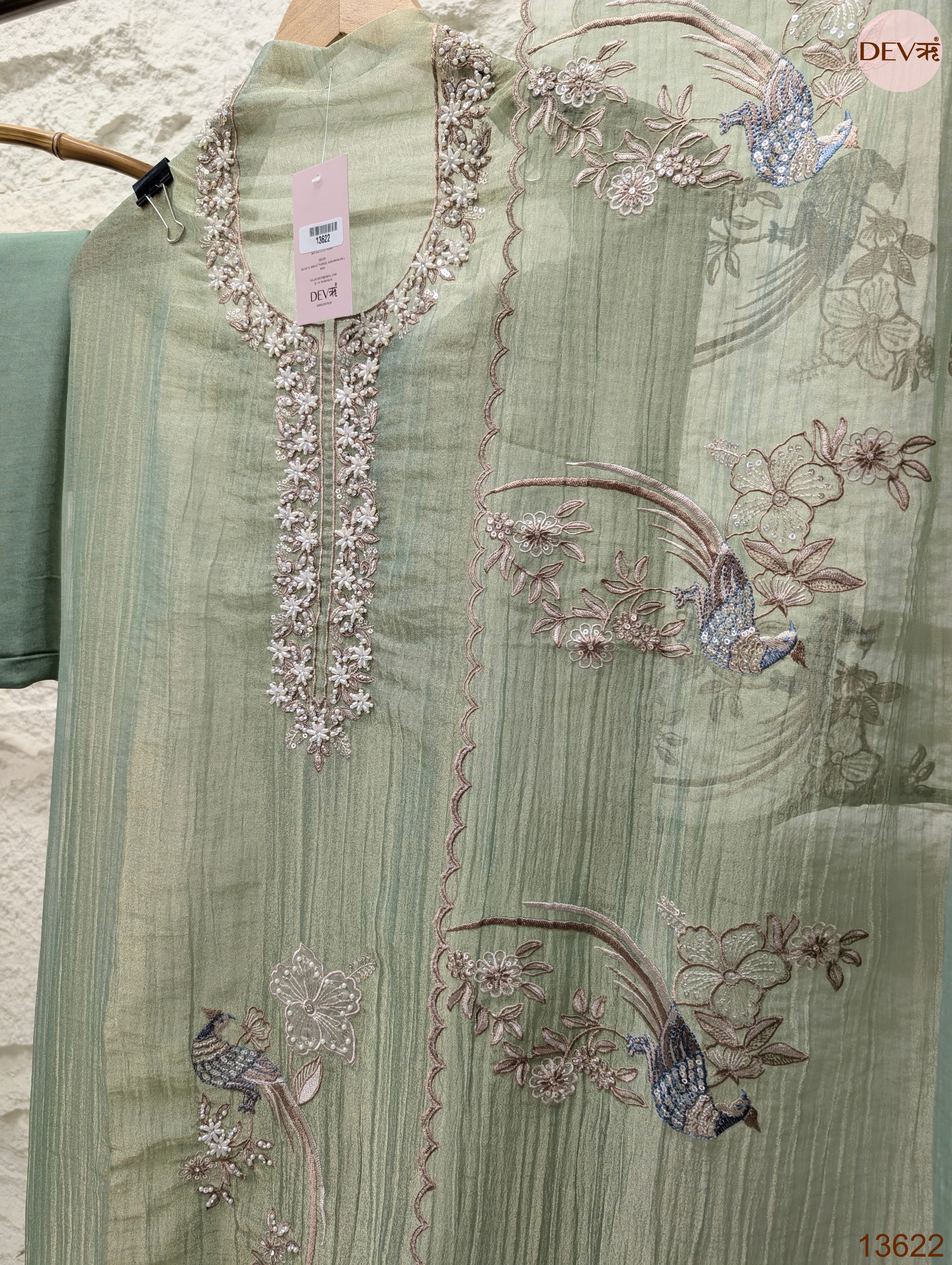 Green Tissue Crush Silk Embroidered Unstitched 3-Piece Suit (Devri – D.No 13622)