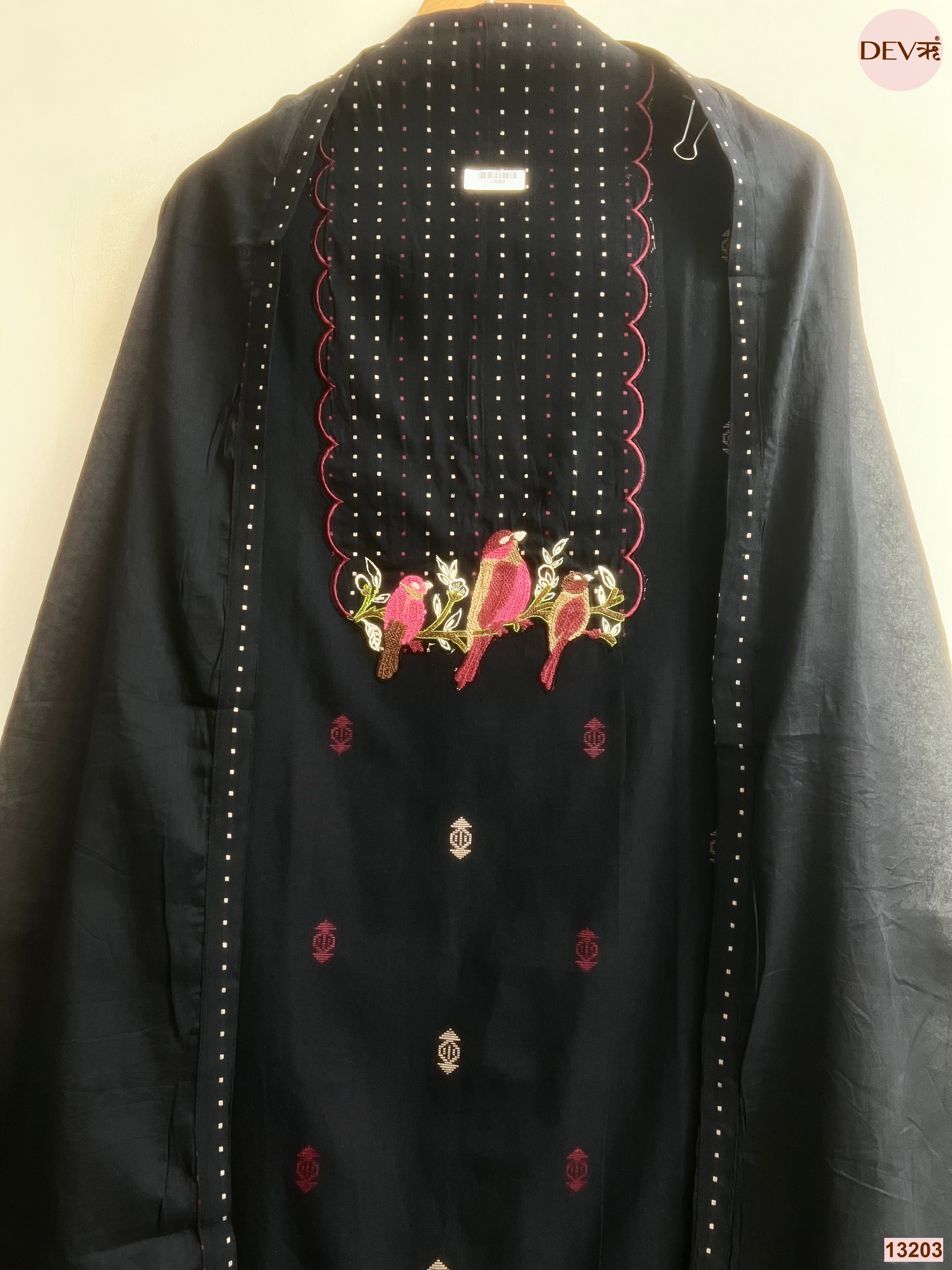 Black Handloom Cotton Embroidered Unstitched 3-Piece Suit (Devri – D.No 13203)