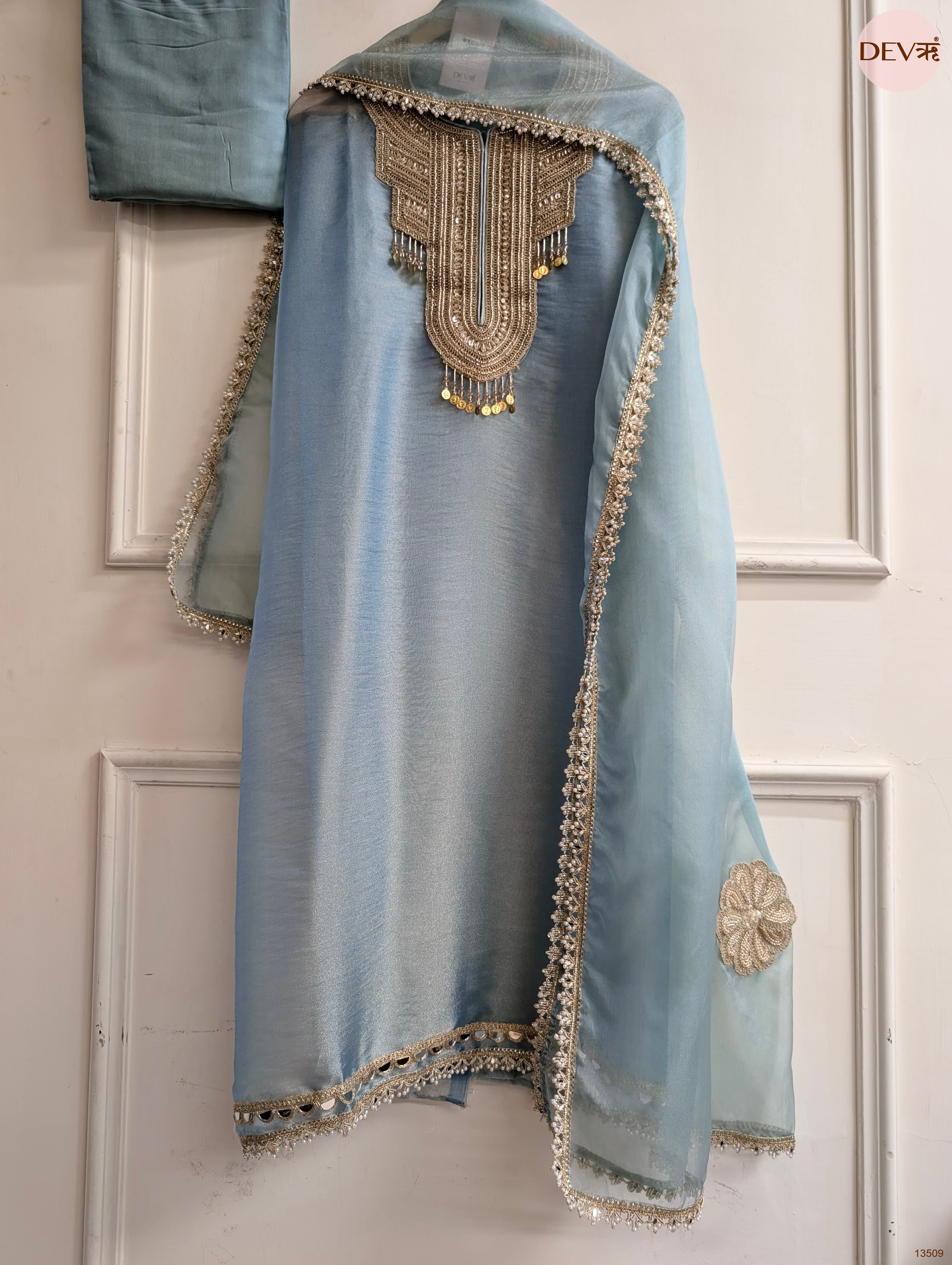 Blue Tissue Silk Embroidered Unstitched 3-Piece Suit (Devri – D.No 13509)