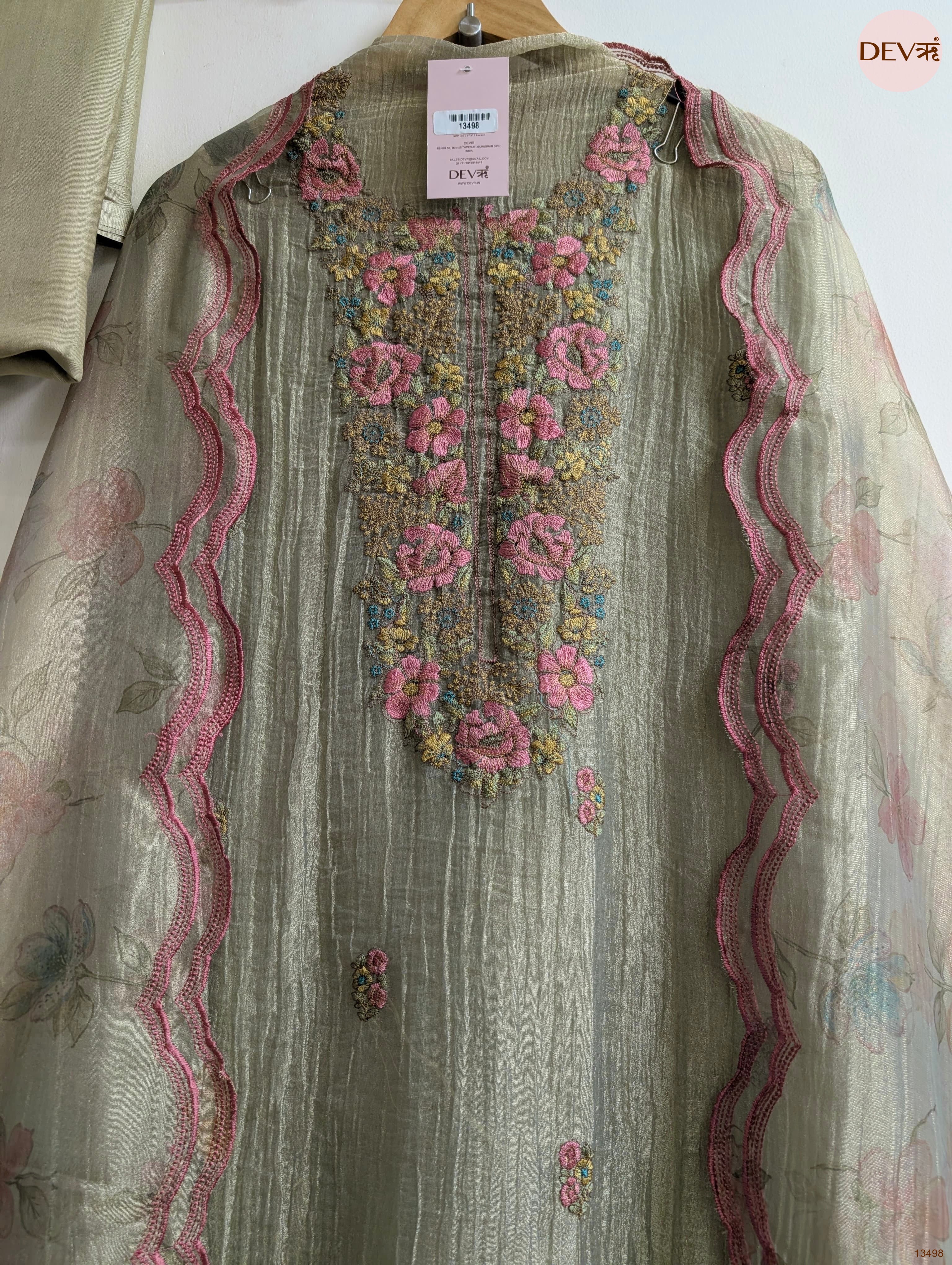 Olive Tissue Crush Silk Embroidered Unstitched 3-Piece Suit (Devri – D.No 13498)