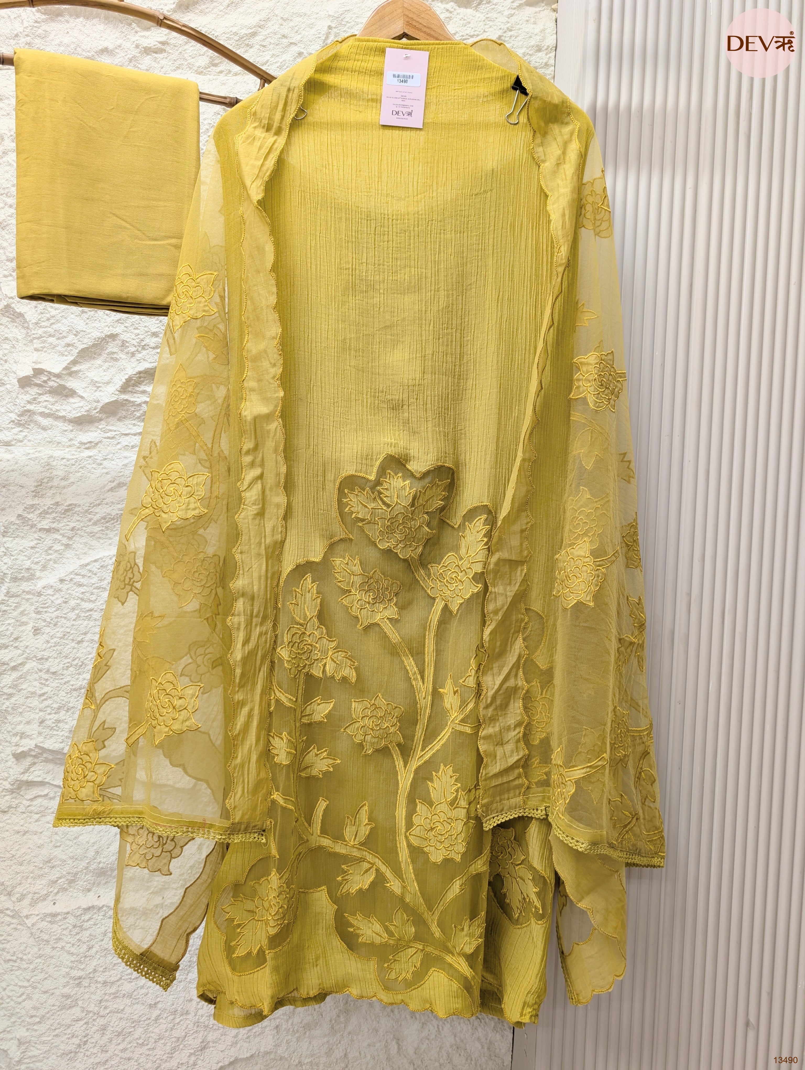 Mustard Mul Crush Embroidered Unstitched 3-Piece Suit (Devri – D.No 13490)