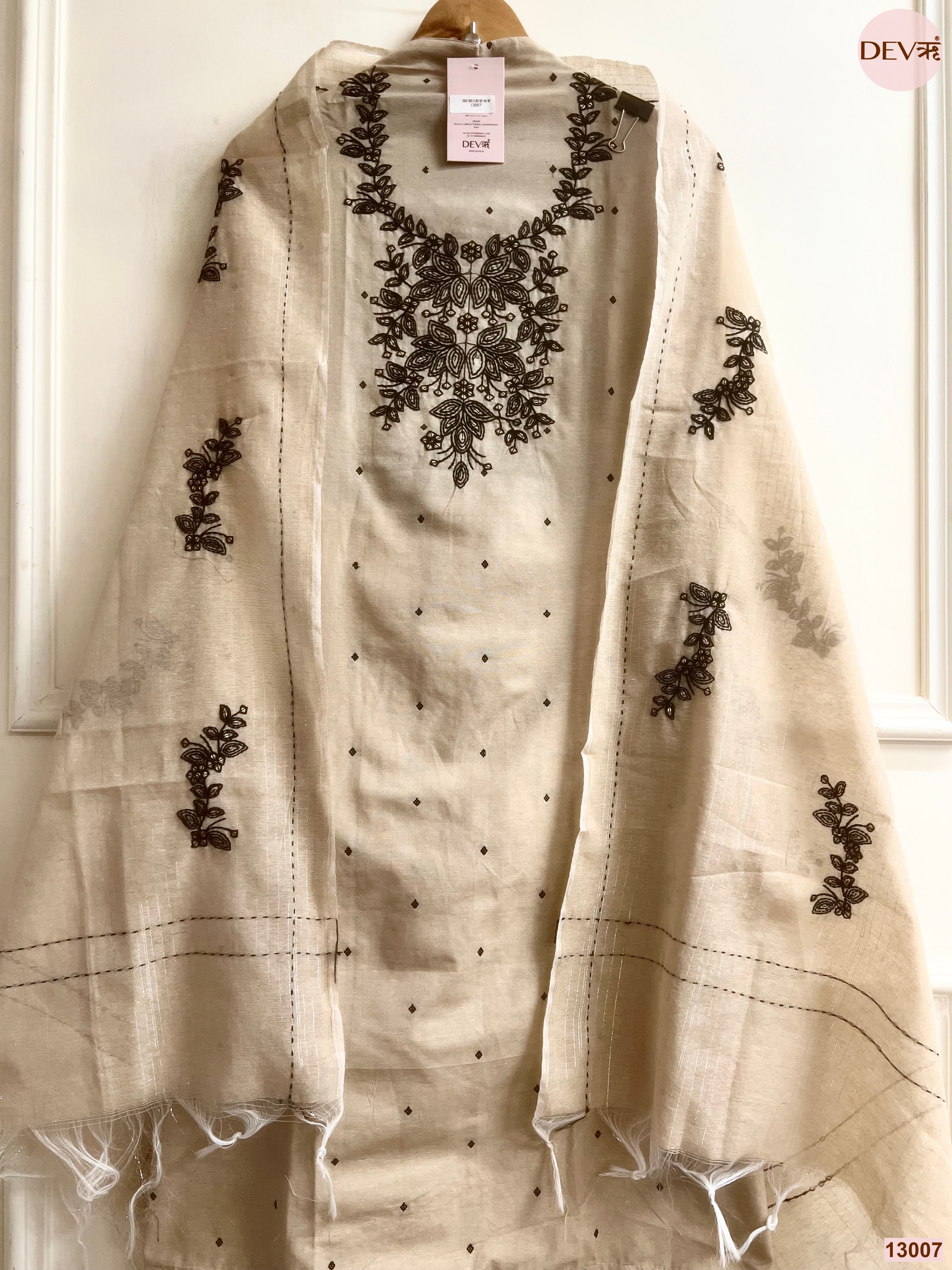 Beige Cotton Handloom Embroidered Unstitched 3-Piece Suit (Devri – D.No 13007)
