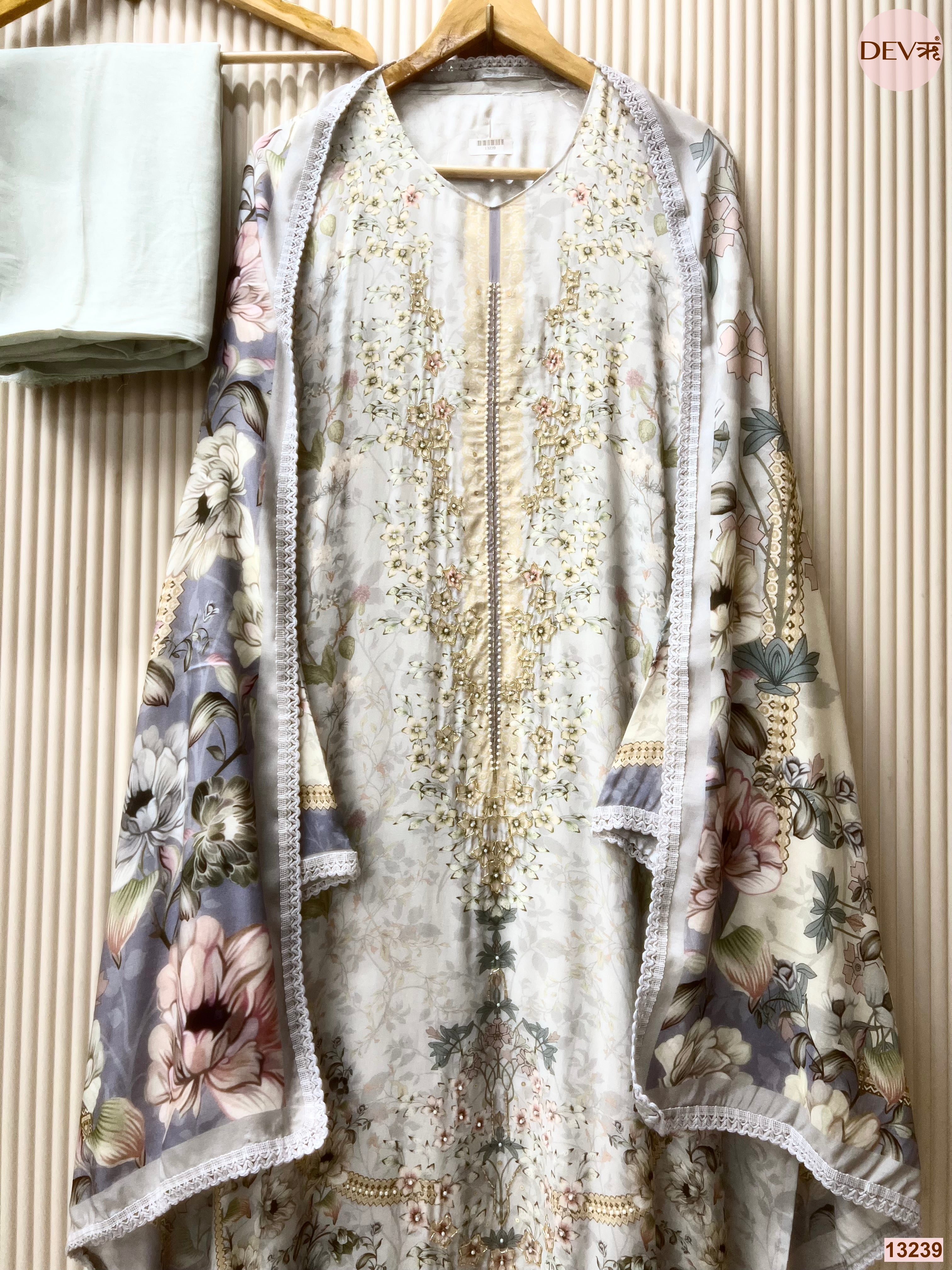 Blue Muslin Printed Unstitched 3-Piece Suit (Devri – D.No 13239)