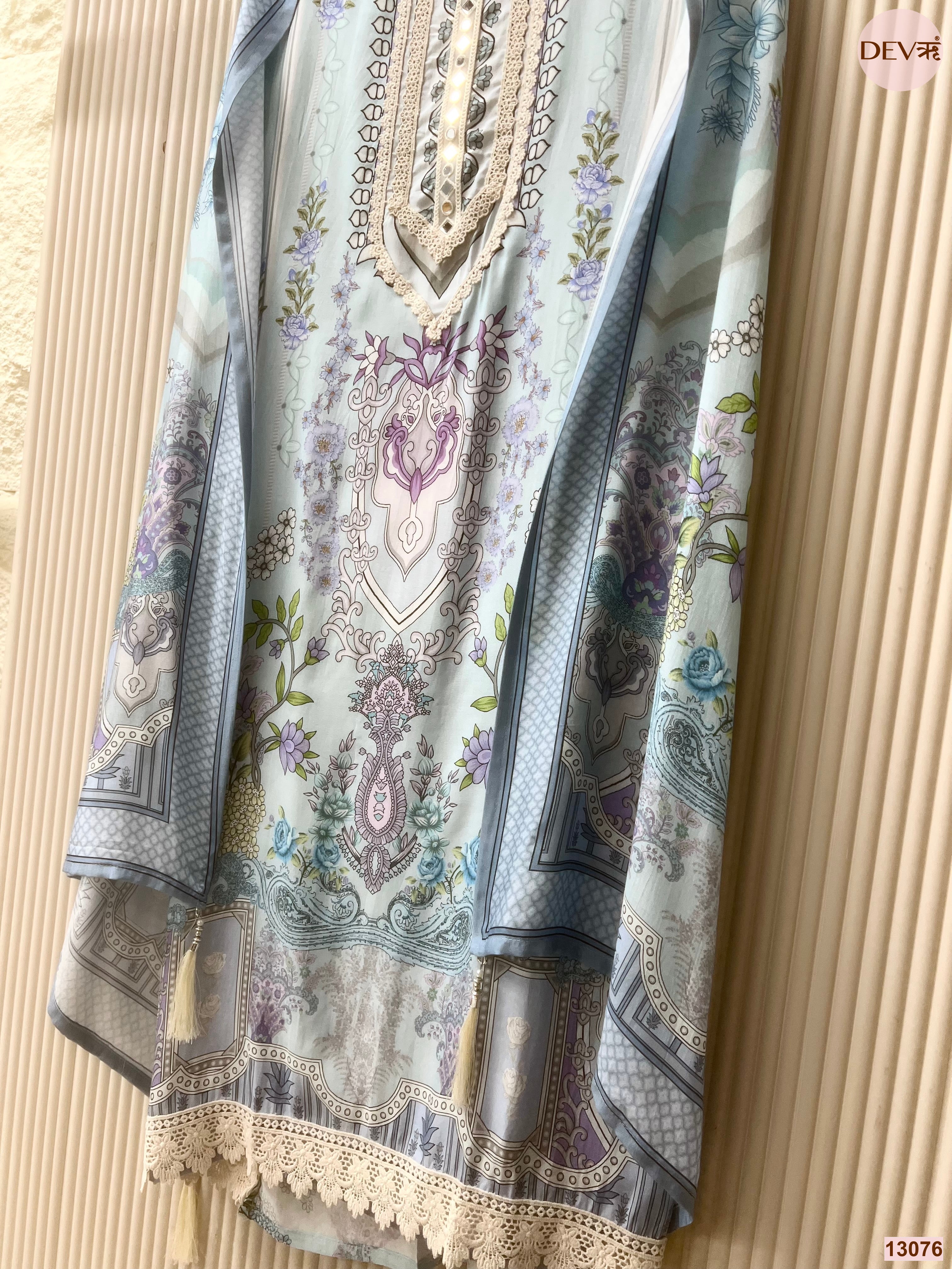 Blue Muslin Printed Unstitched 3-Piece Suit (Devri – D.No 13076)