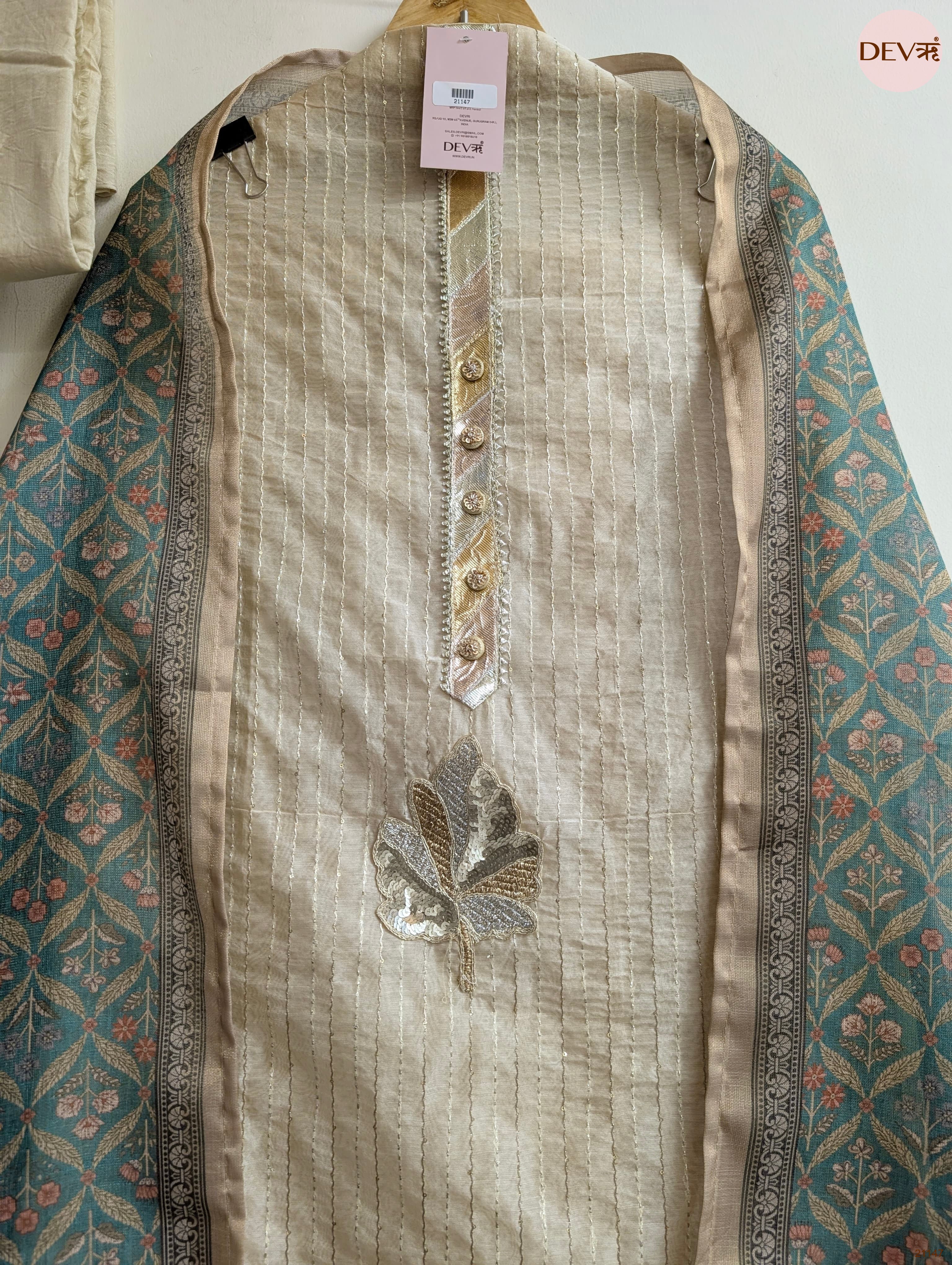 Beige Pure Chanderi Embroidered Unstitched 3-Piece Suit (Devri – D.No 21147)
