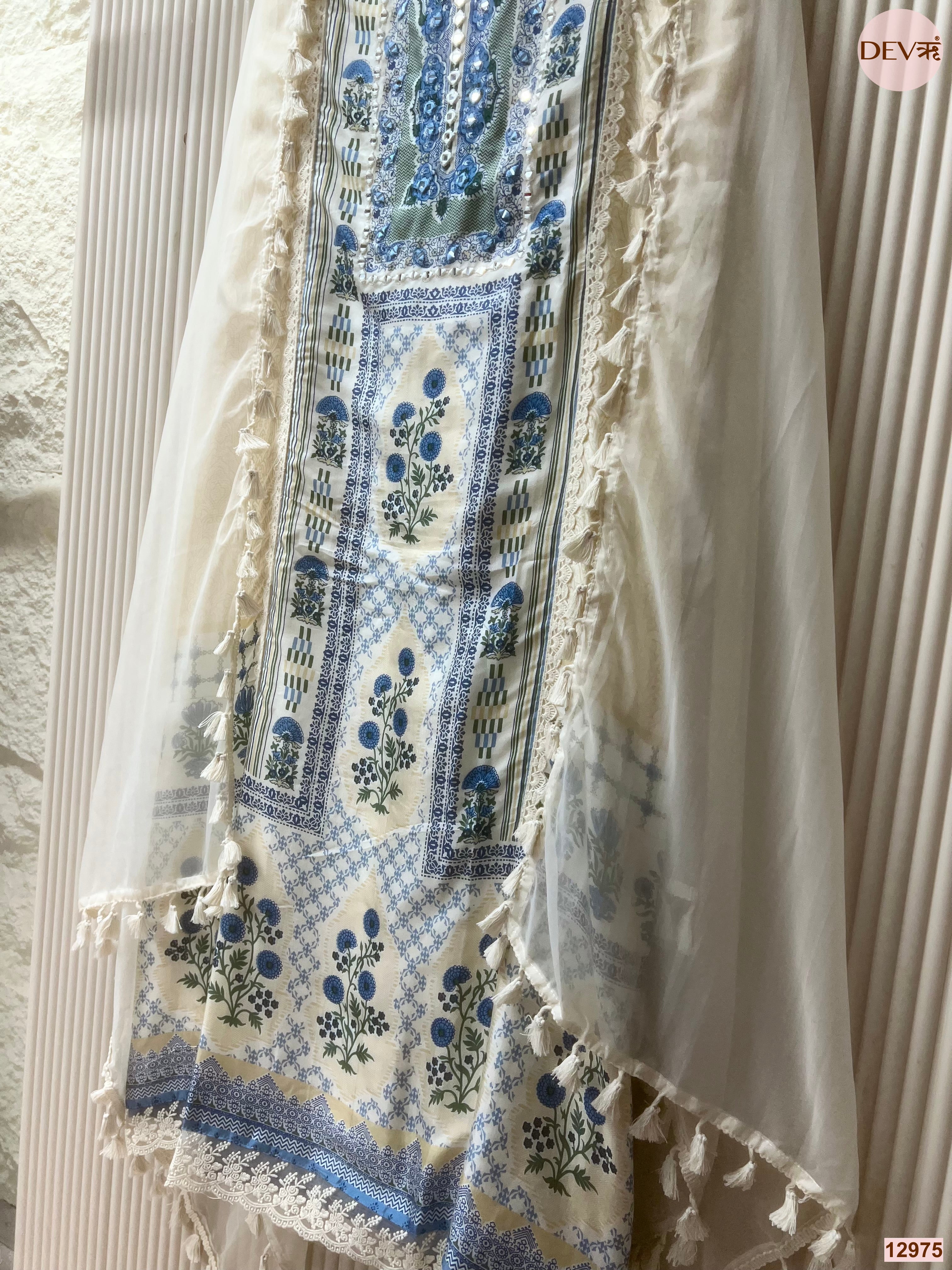 Cream Muslin Printed Unstitched 3-Piece Suit (Devri – D.No 12975)