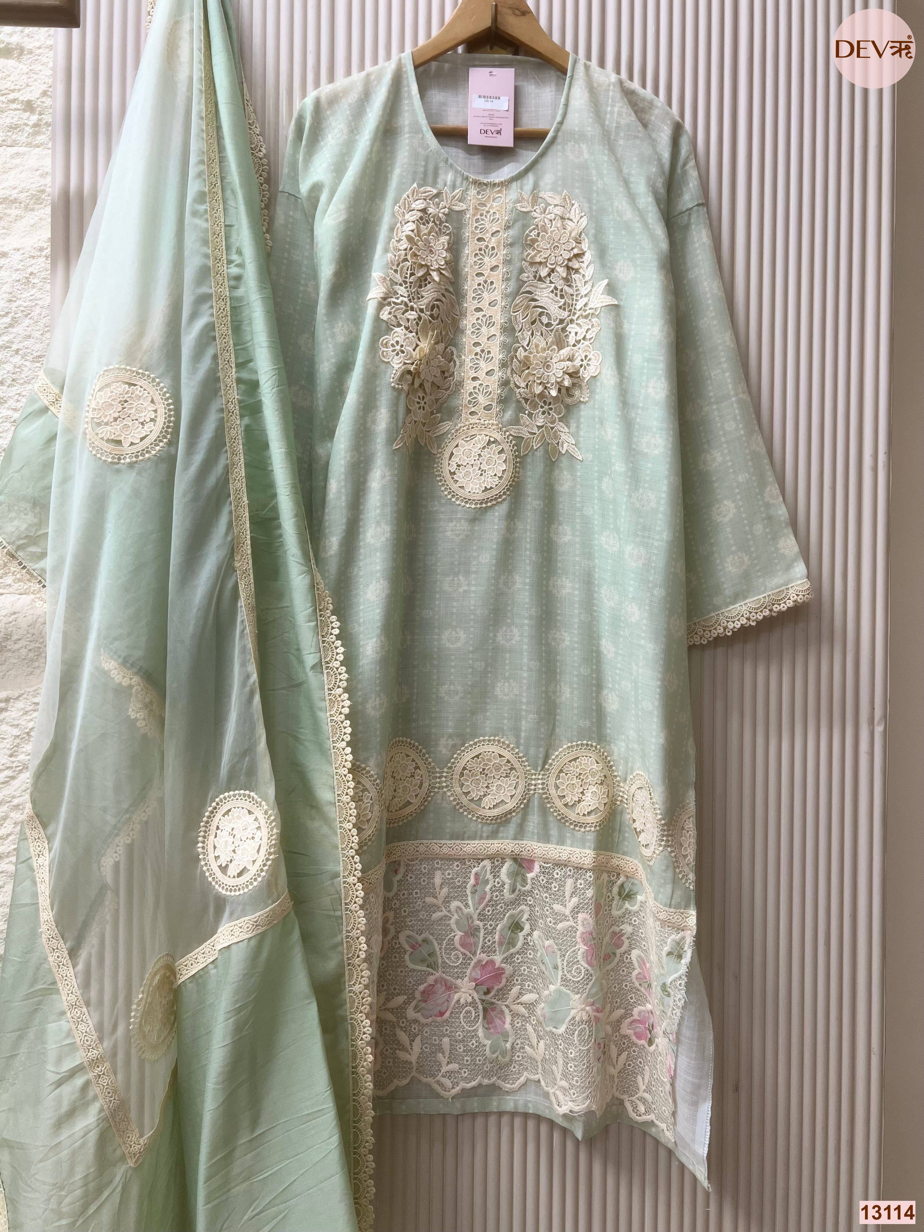 Mint Linen Cotton Embroidered Unstitched 3-Piece Suit (Devri – D.No 13114)
