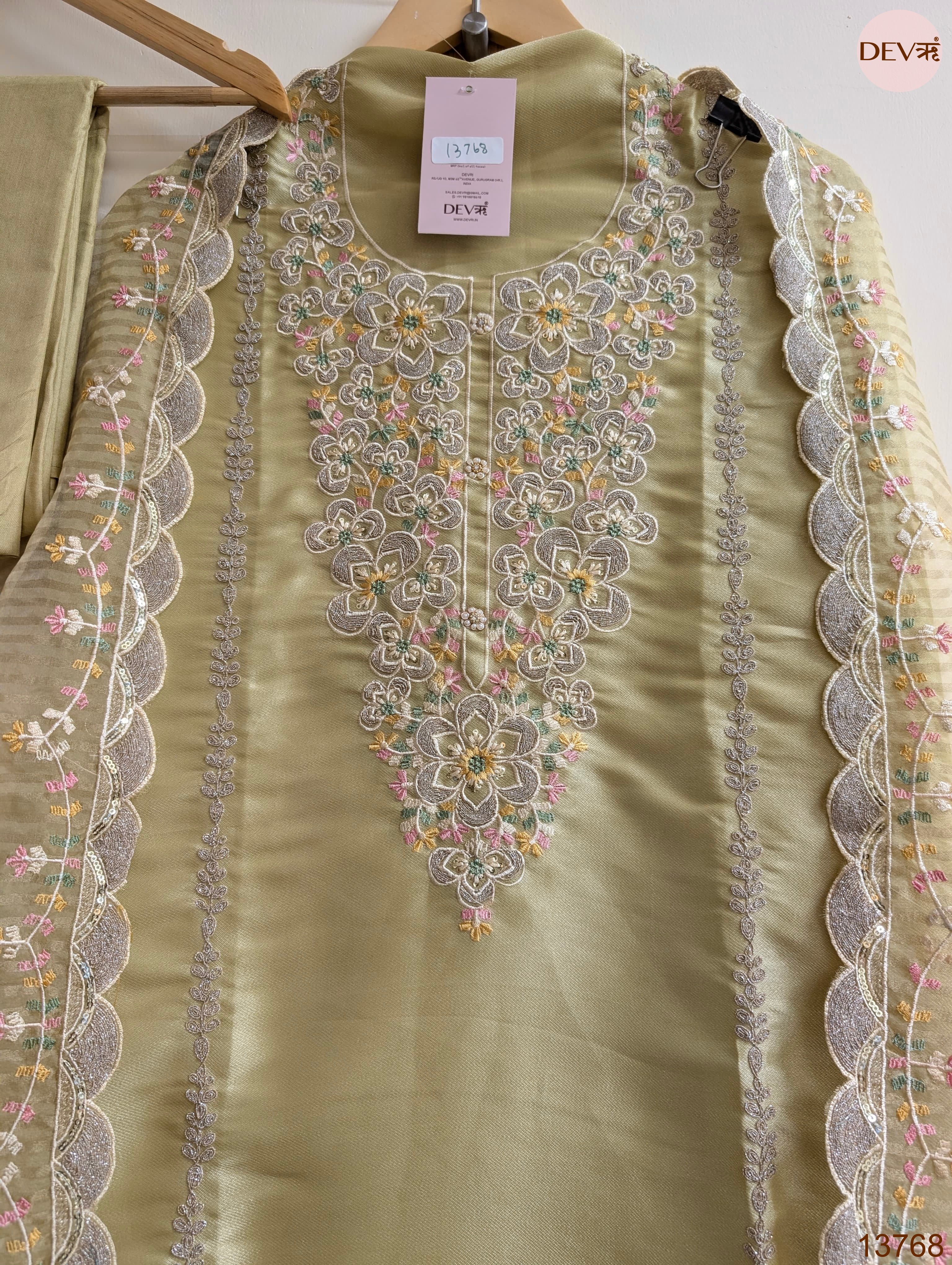 Olive Tissue Silk Embroidered Unstitched 3-Piece Suit (Devri – D.No 13768)