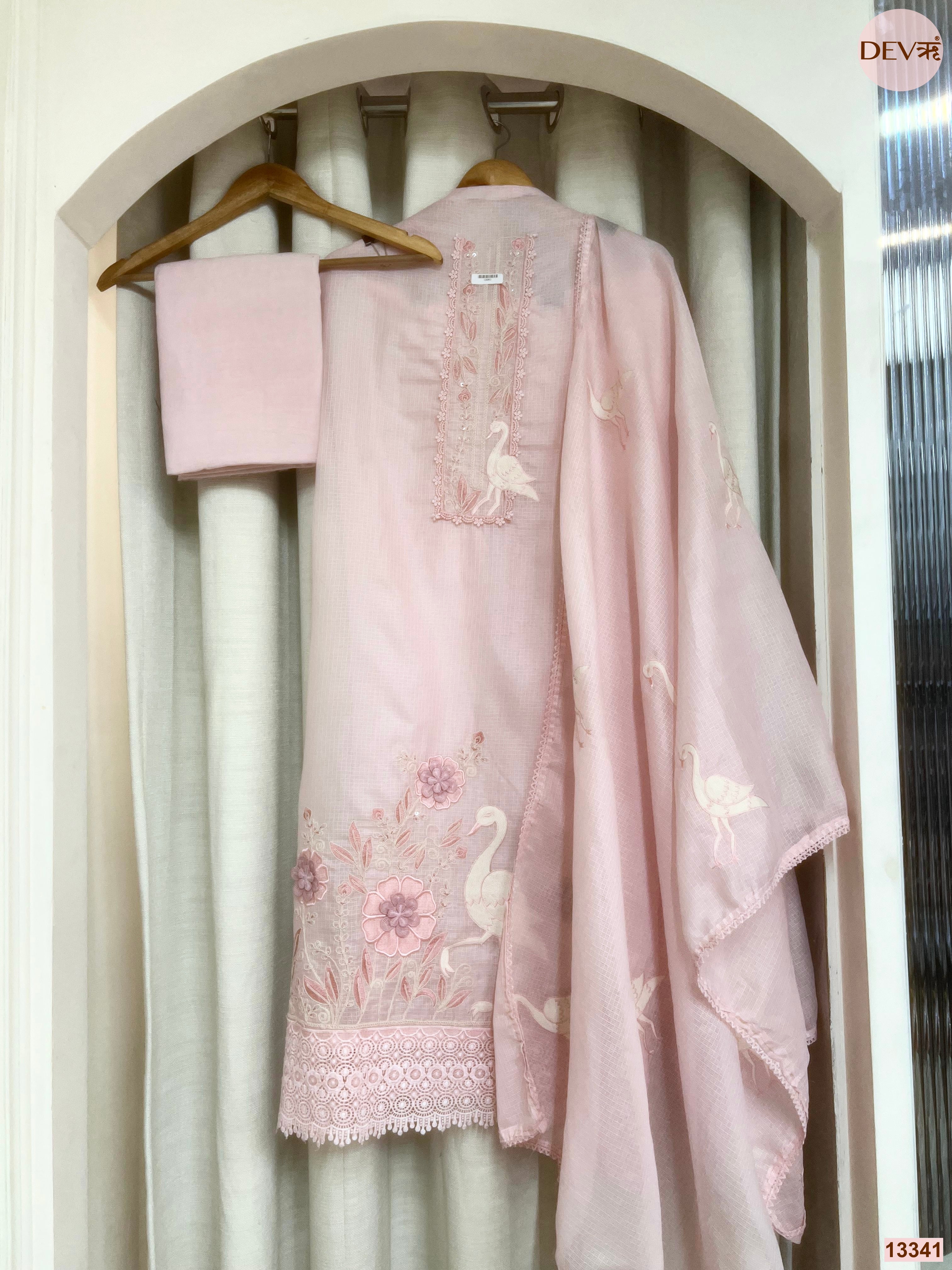Pink Kota Embroidered Unstitched 3-Piece Suit (Devri – D.No 13341)