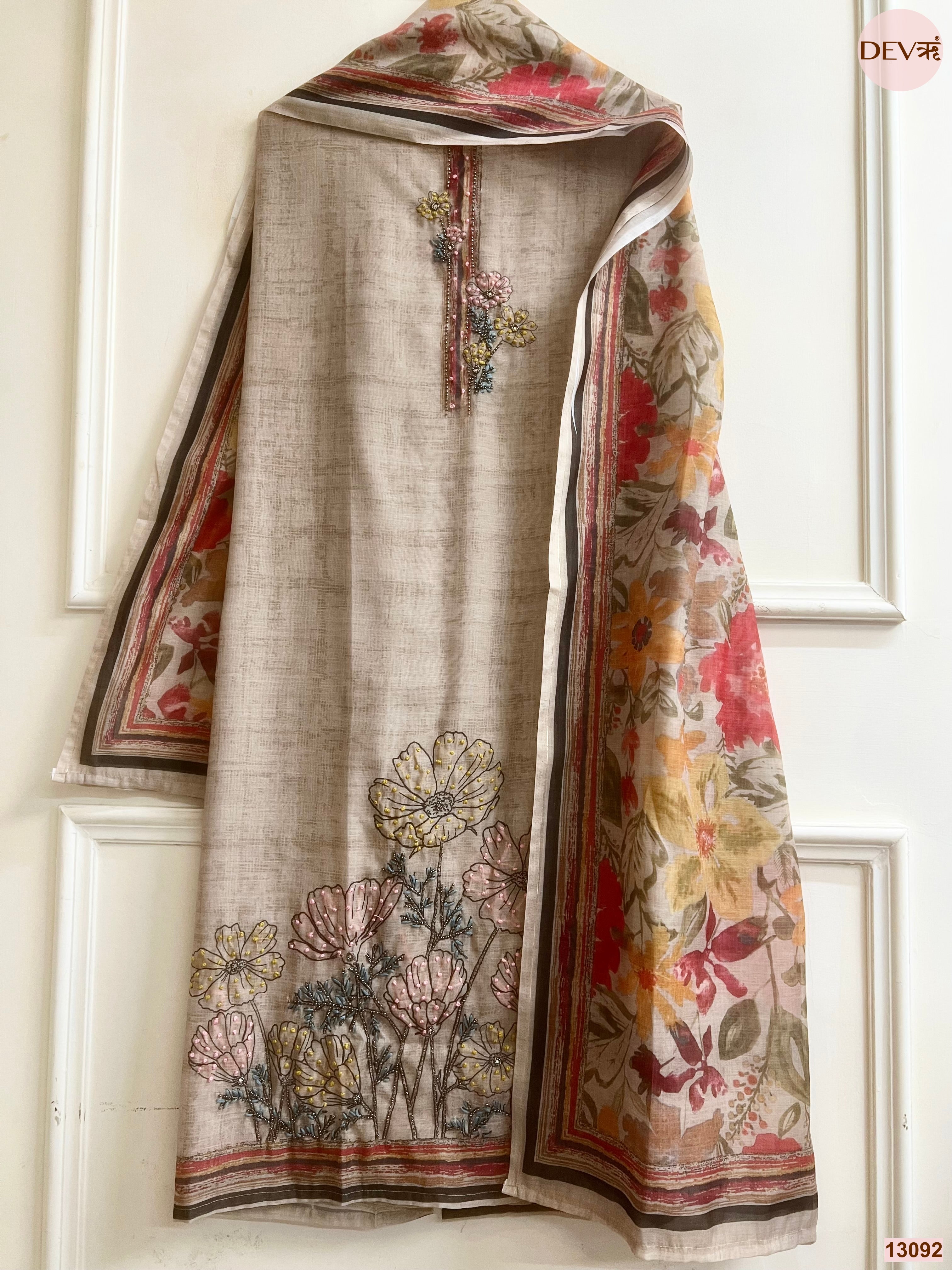 Beige Mul Chanderi Printed Unstitched 3-Piece Suit (Devri – D.No 13092)