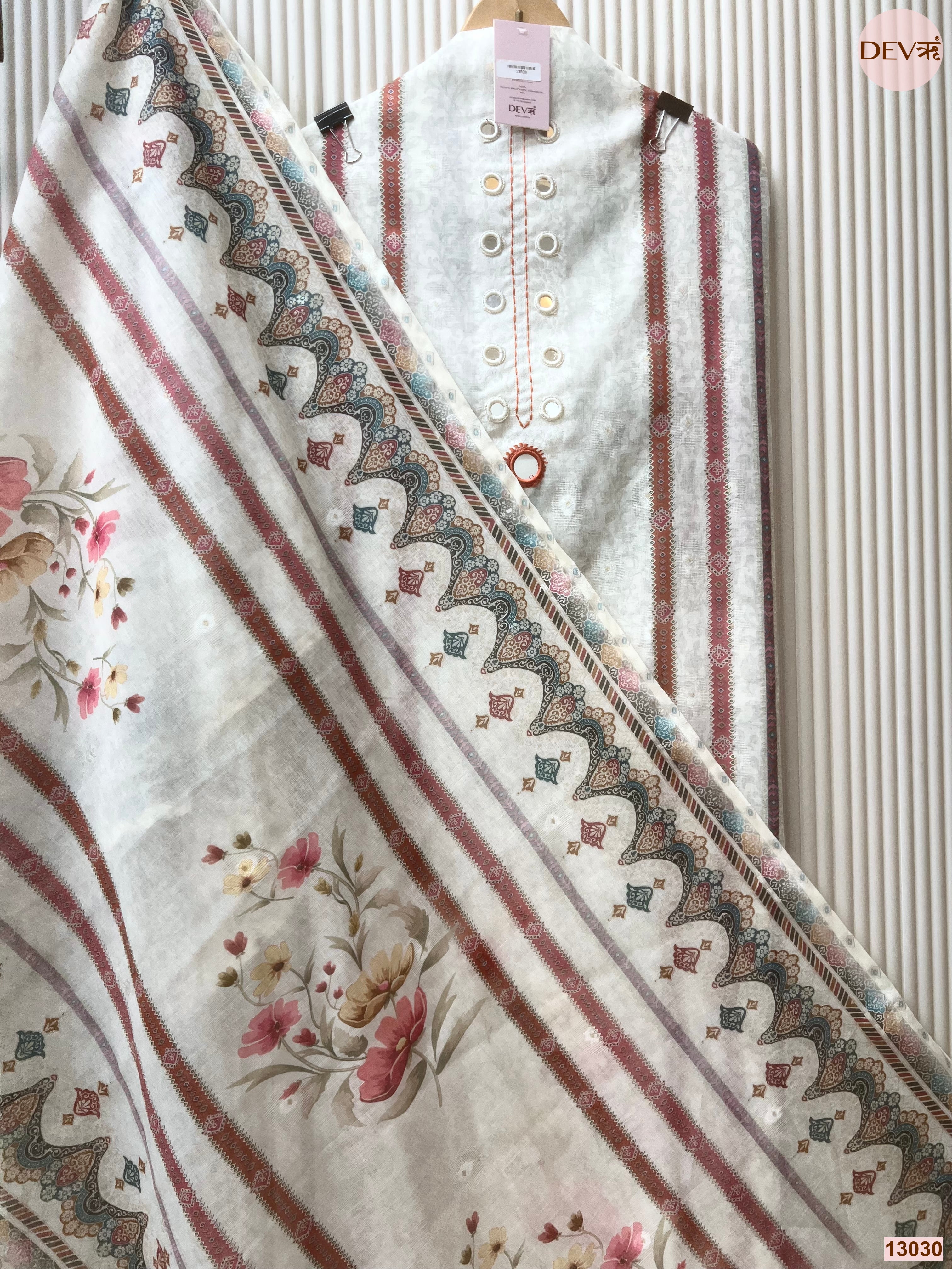 Off White Pure Linen Cotton Printed Unstitched 3-Piece Suit (Devri – D.No 13030)