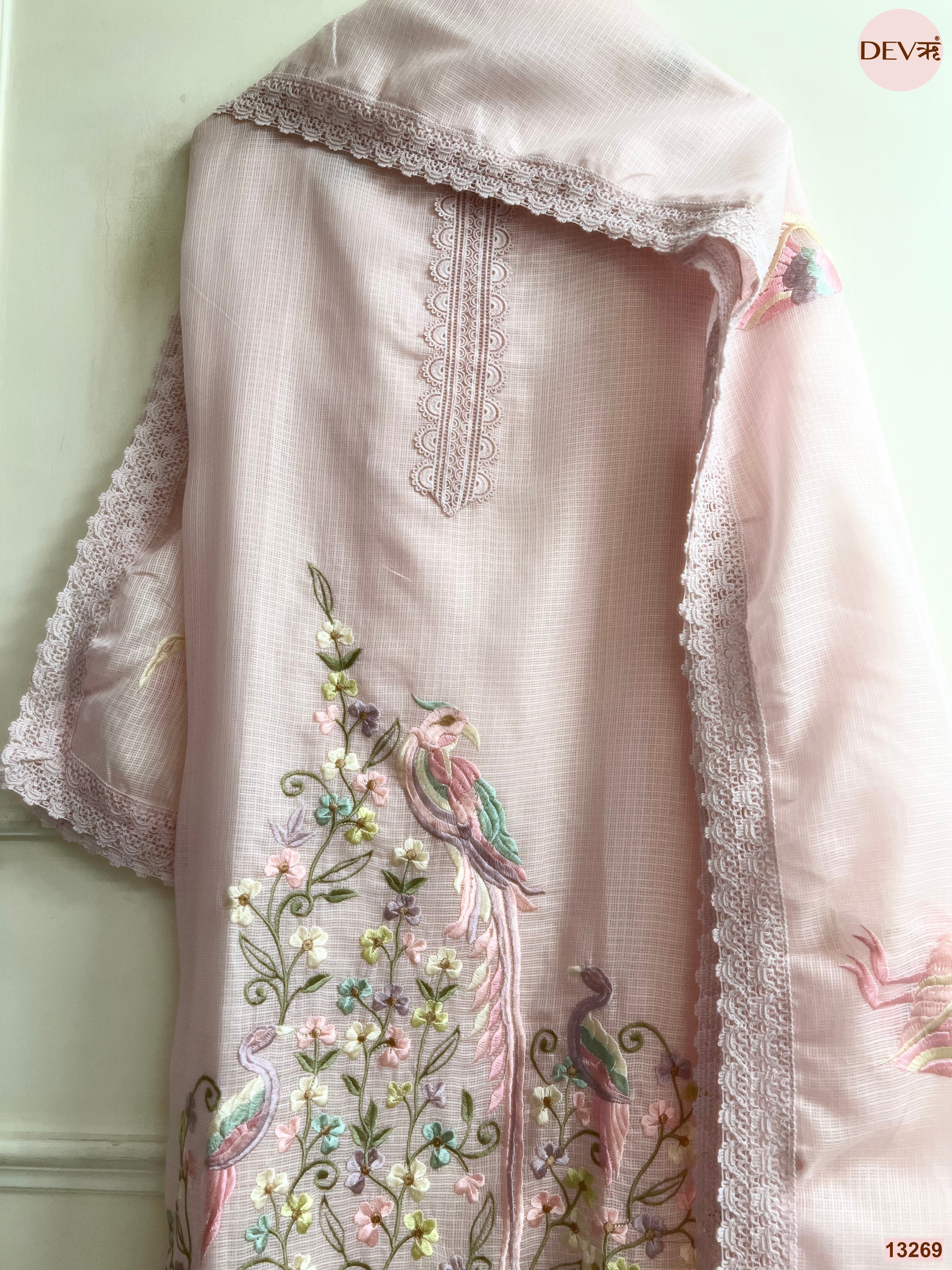 Pink Kota Cotton Embroidered Unstitched 3-Piece Suit (Devri – D.No 13269)