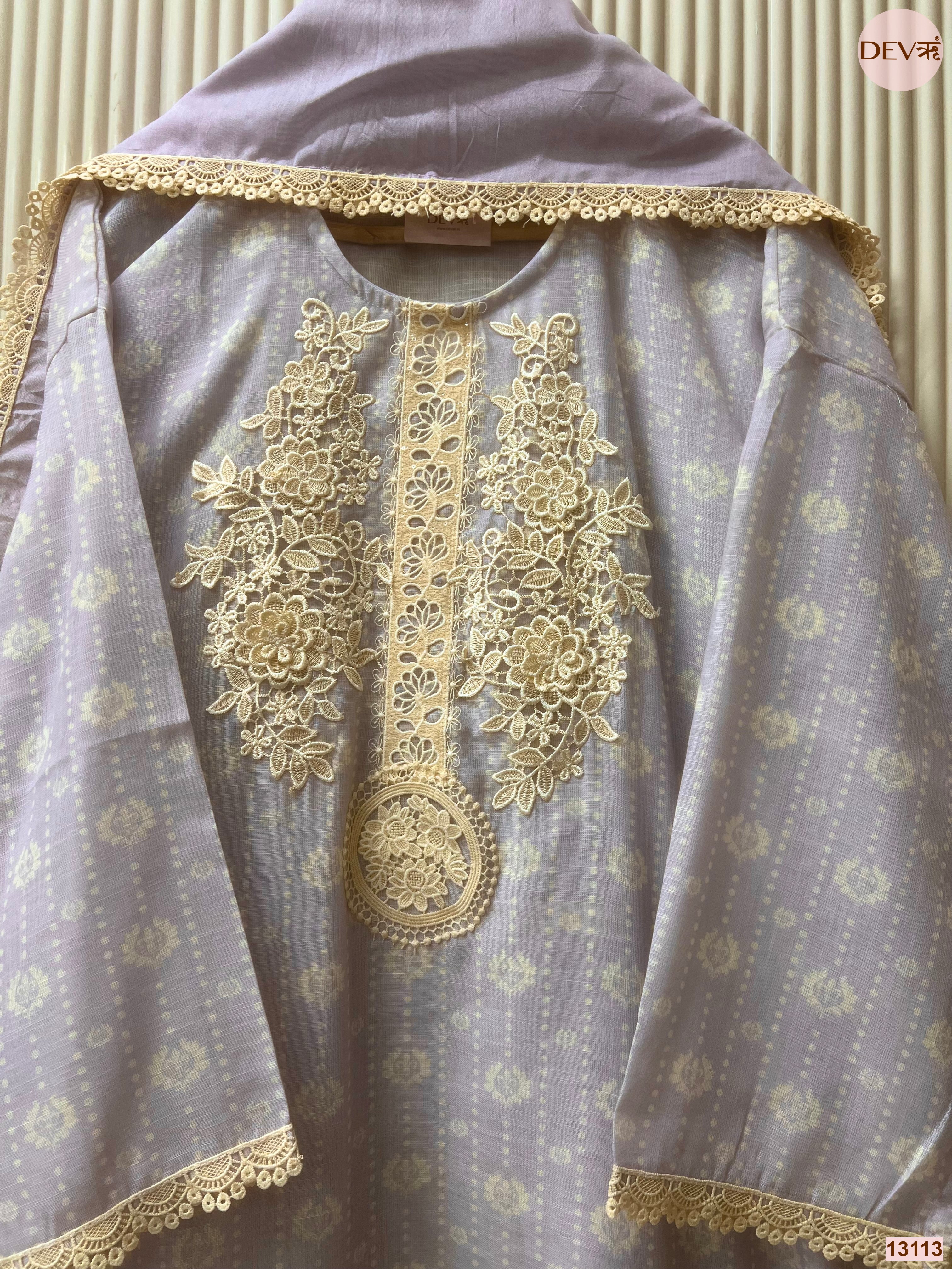 Lavender Linen Cotton Embroidered Unstitched 3-Piece Suit (Devri – D.No 13113)