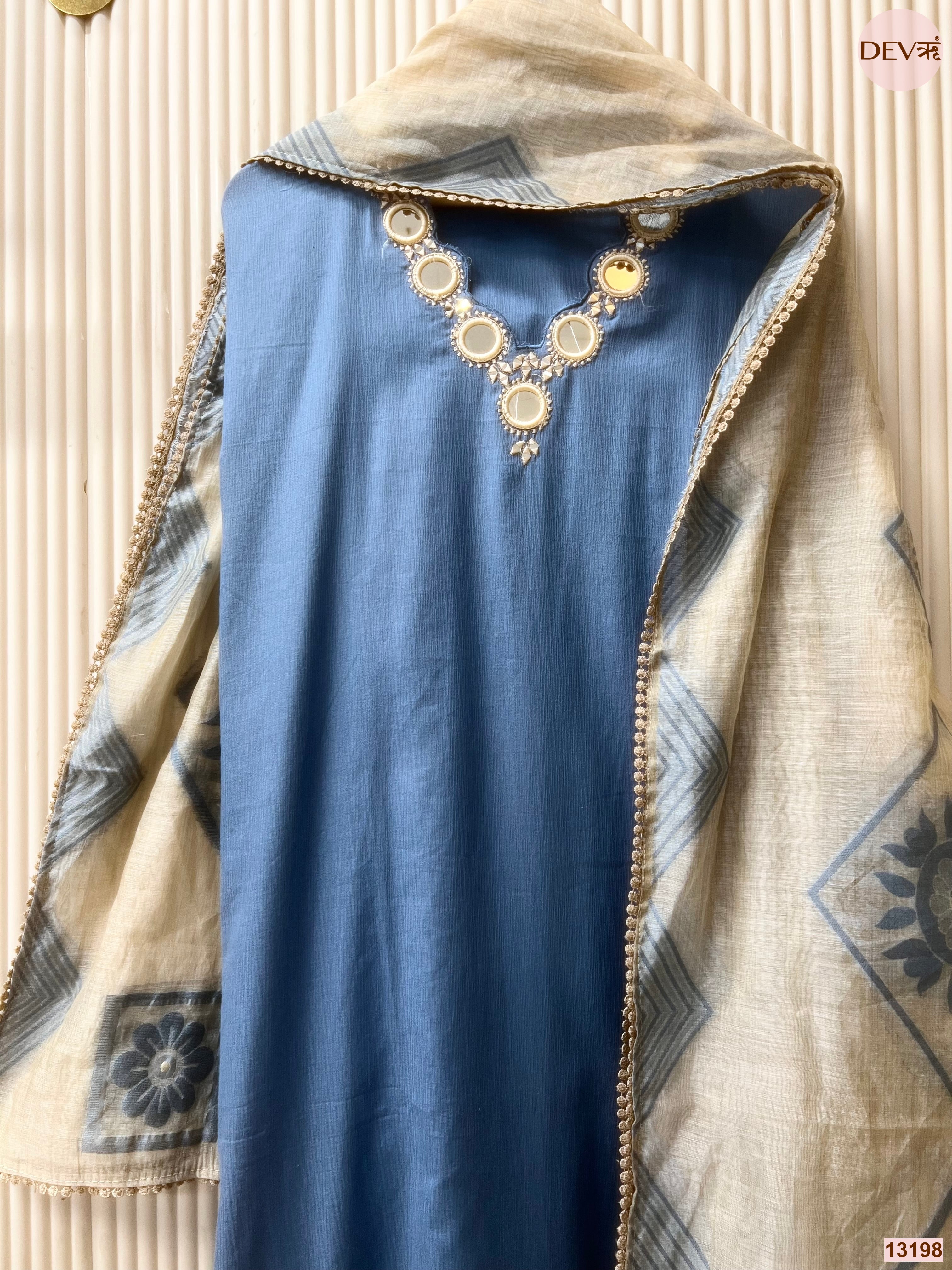 Blue Jamdani Cotton Hand Unstitched 3-Piece Suit (Devri – D.No 13198)