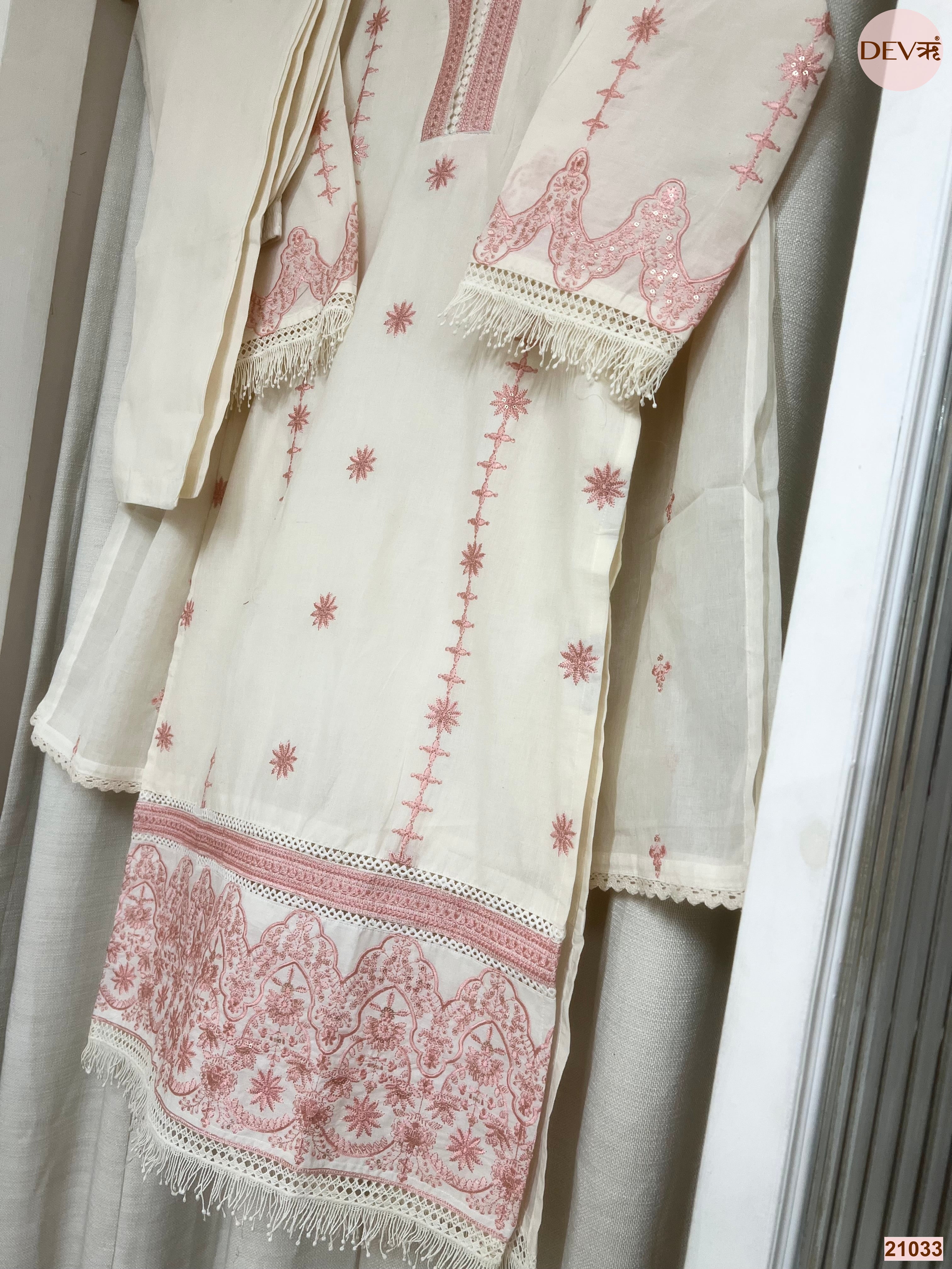 Gulnaar cotton Embroidered Off-White 3-Piece Set (Devri – D.No 21033)
