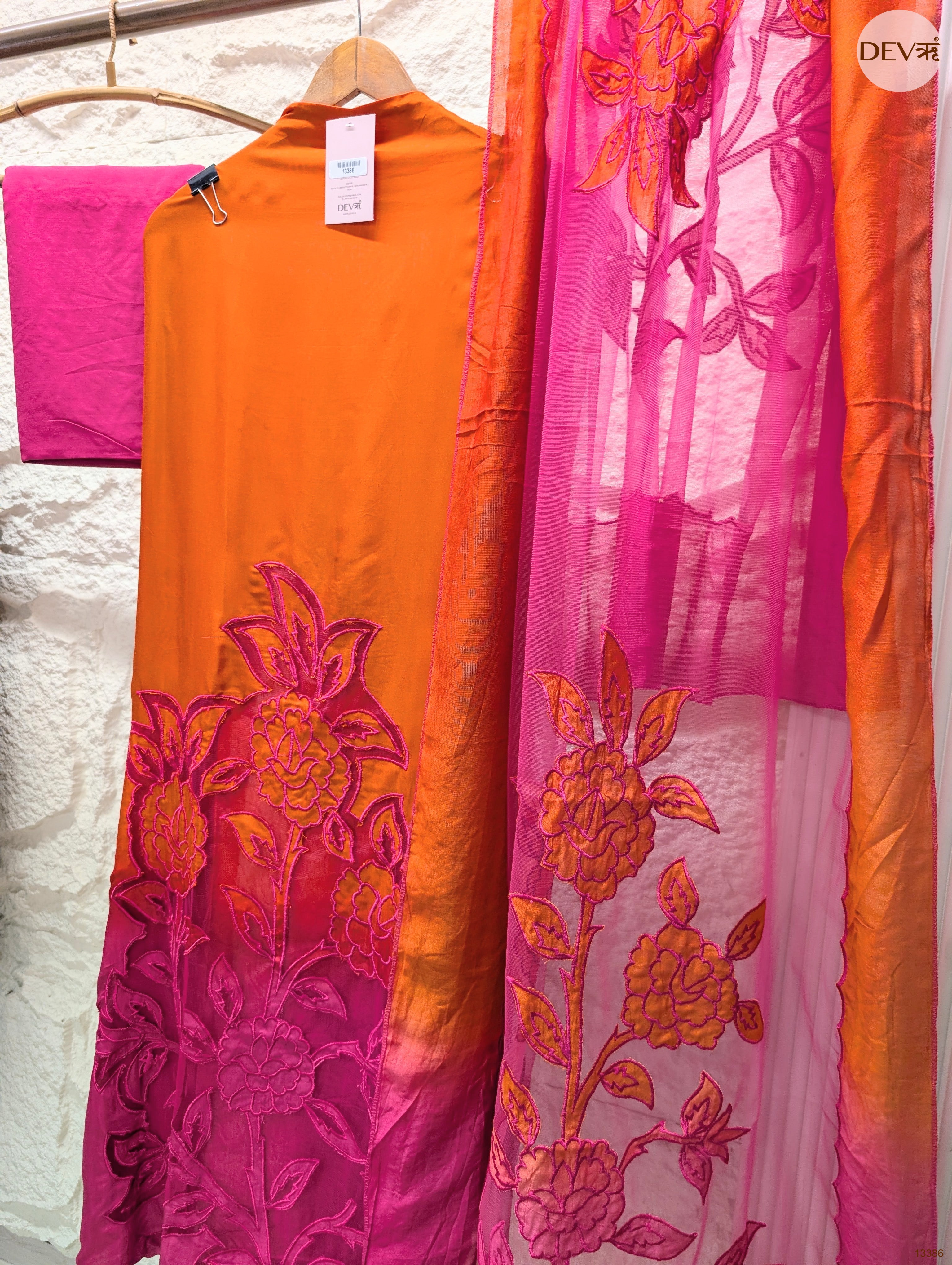 Orange Muslin Embroidered Unstitched 3-Piece Suit (Devri – D.No 13386)