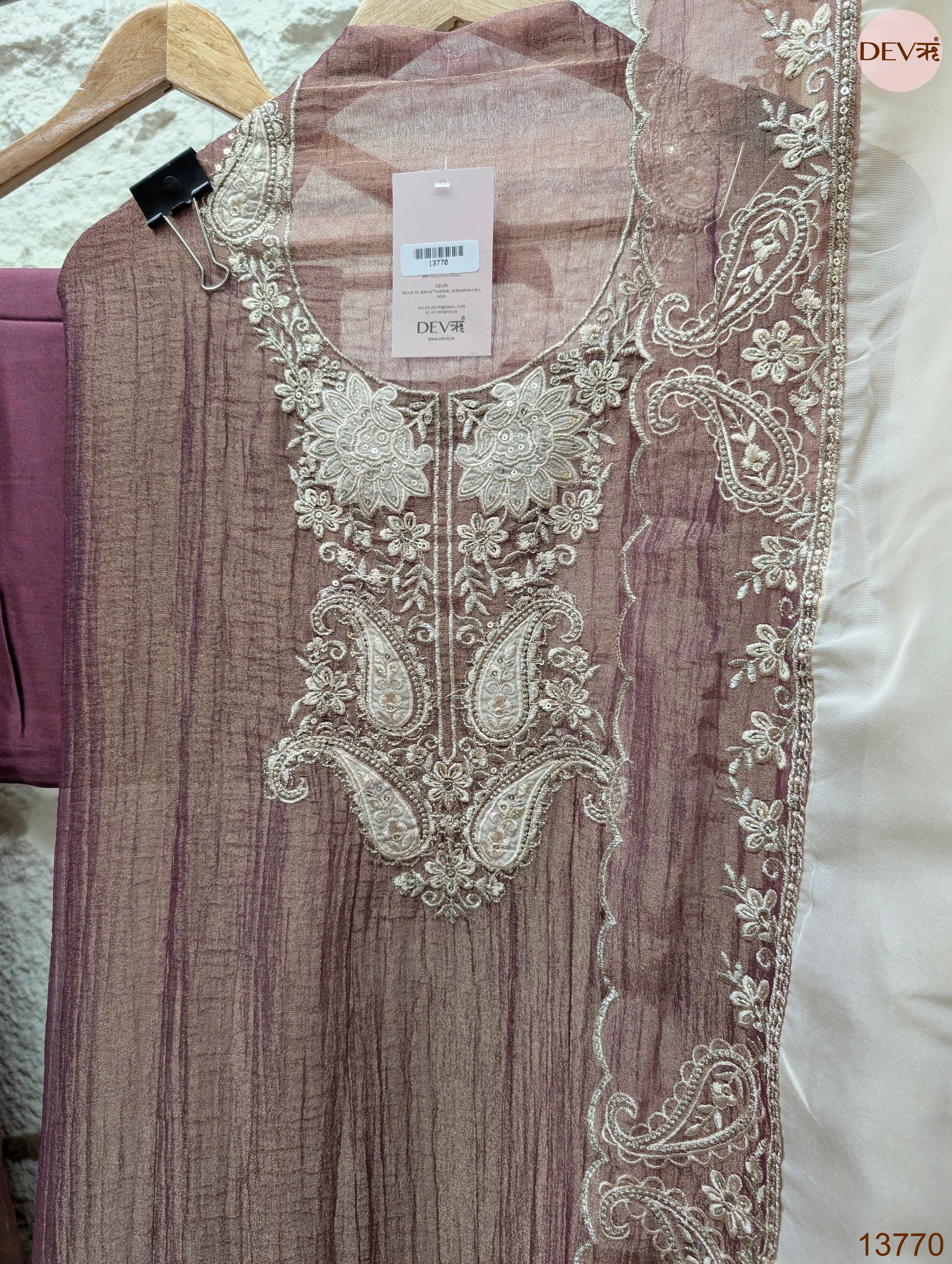 Mauve Pure Tissue Silk Embroidered Unstitched 3-Piece Suit (Devri – D.No 13770)