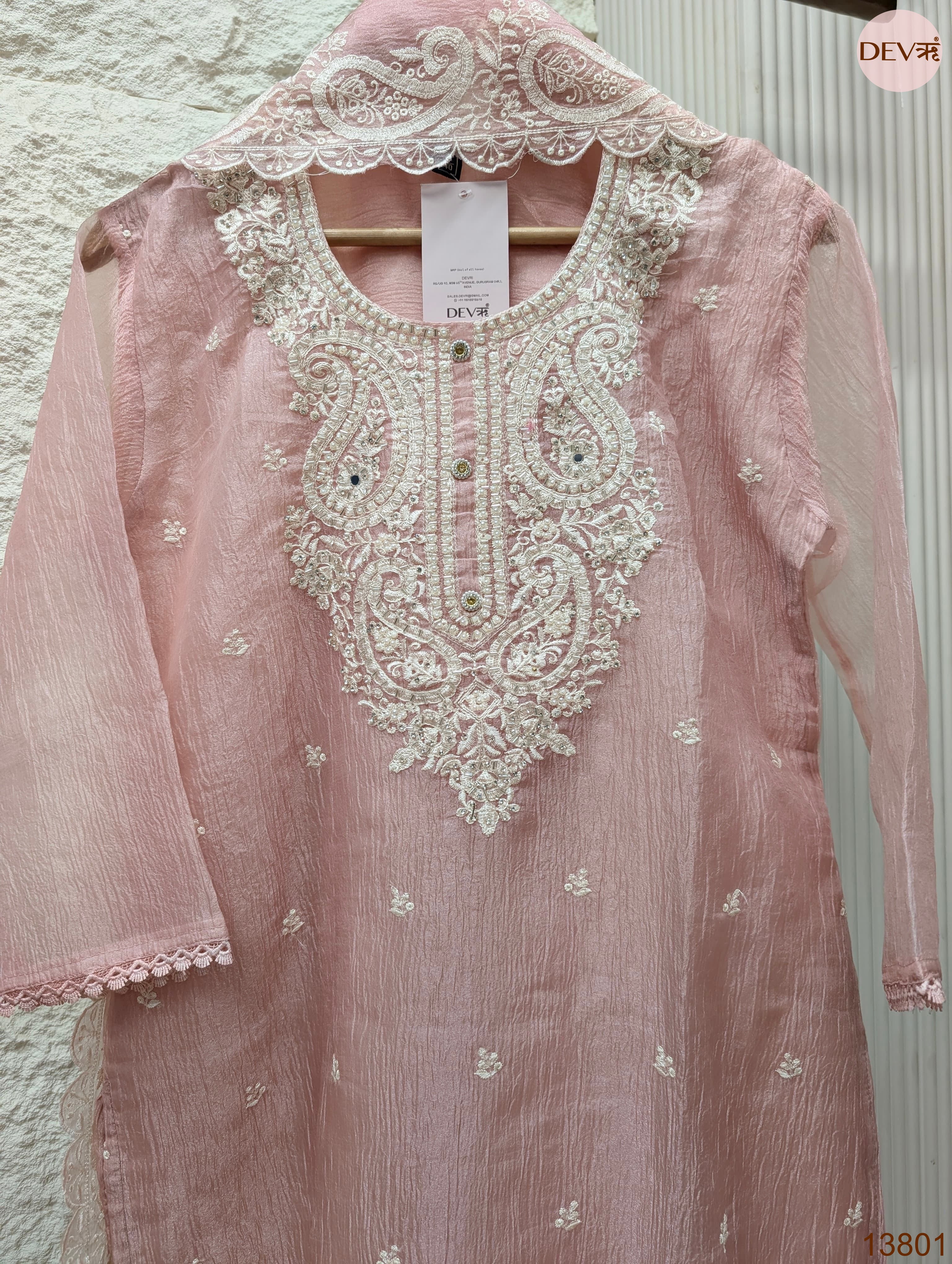 Gulnaar Crushed tissue silk Embroidered Blush Pink 3-Piece Set (Devri – D.No 13801)