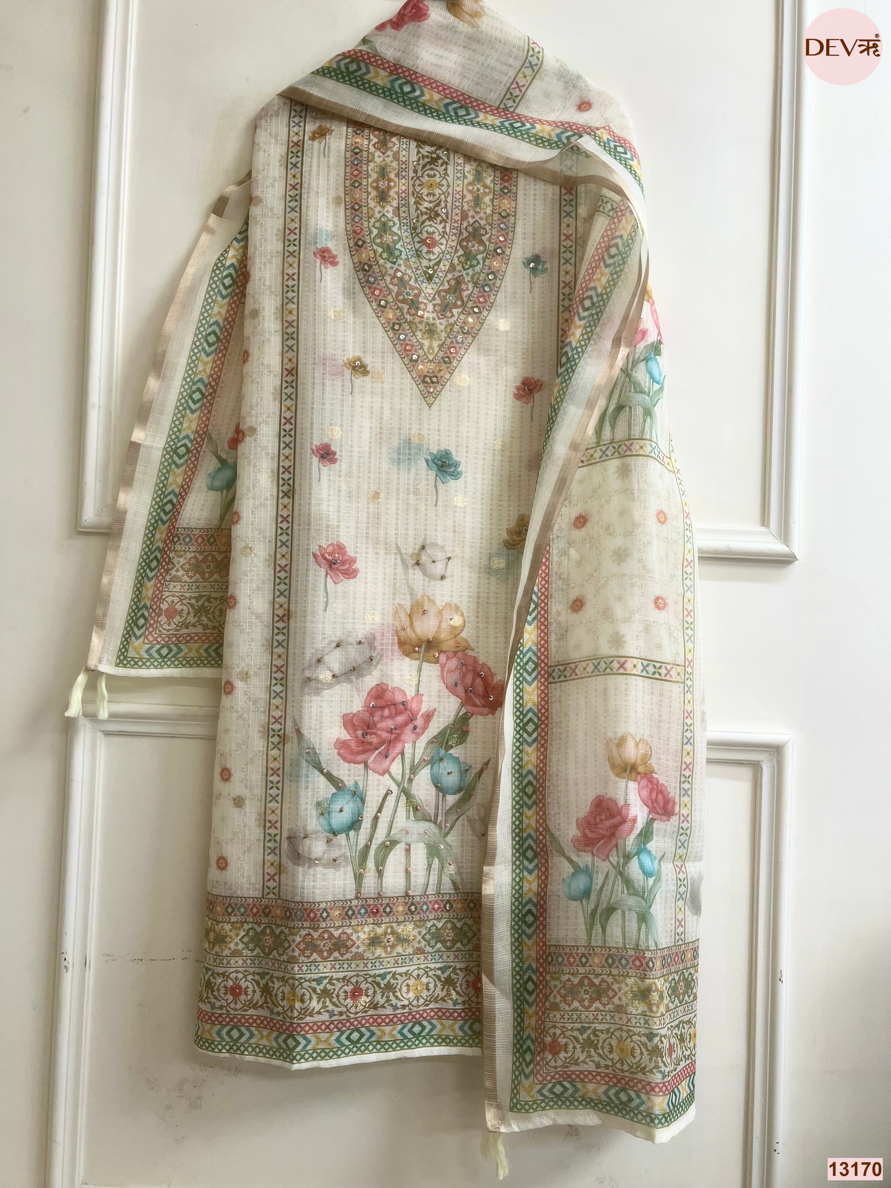 Cream Kota Printed Unstitched 3-Piece Suit (Devri – D.No 13170)