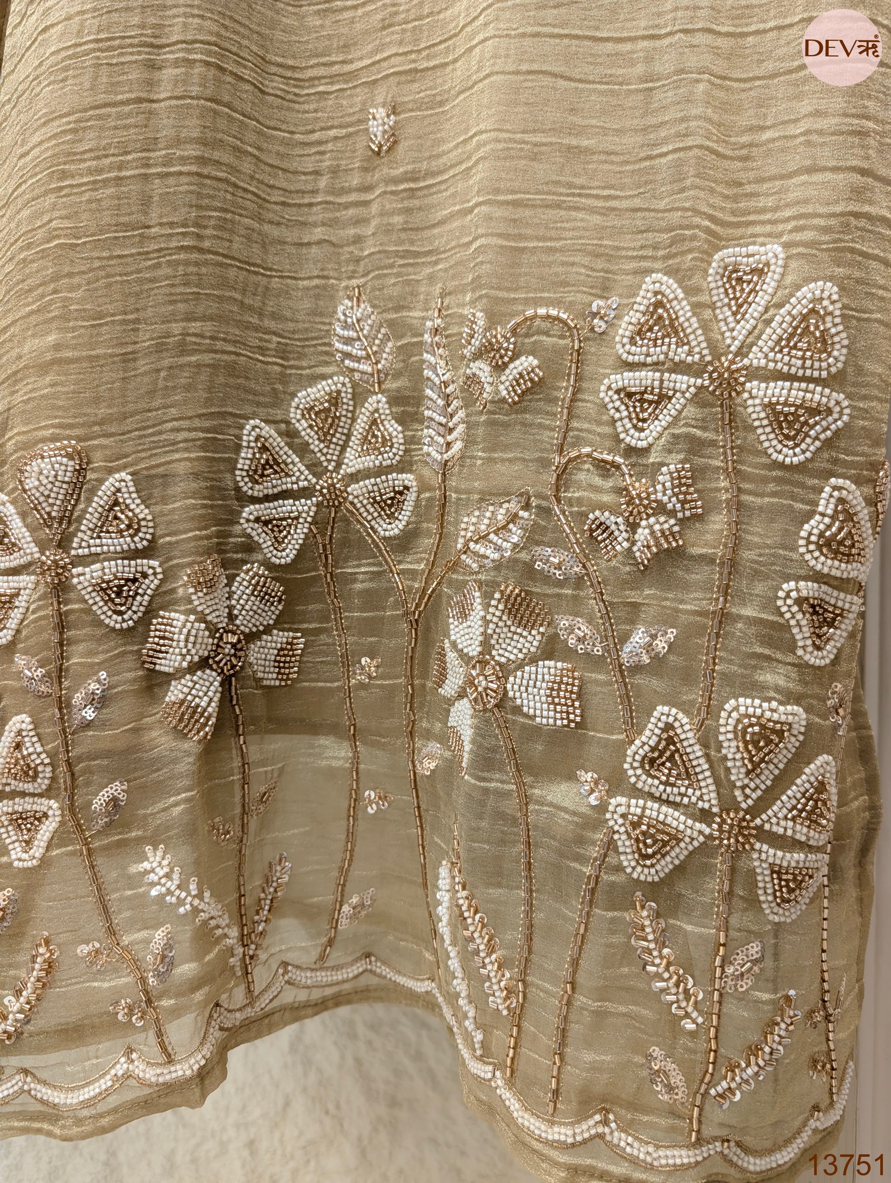 Zarmina Tissue crush Silk Embroidered Beige 3-Piece Set (Devri – D.No 13751)