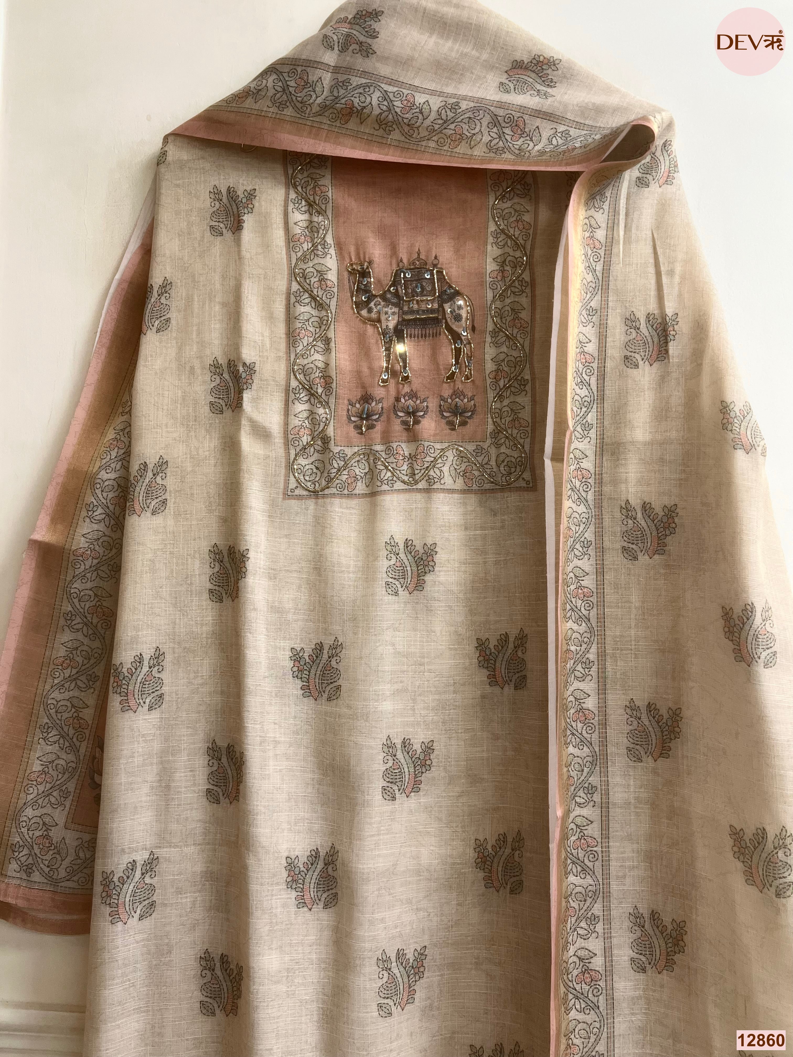 Beige Linen Cotton Printed Unstitched 3-Piece Suit (Devri – D.No 12860)