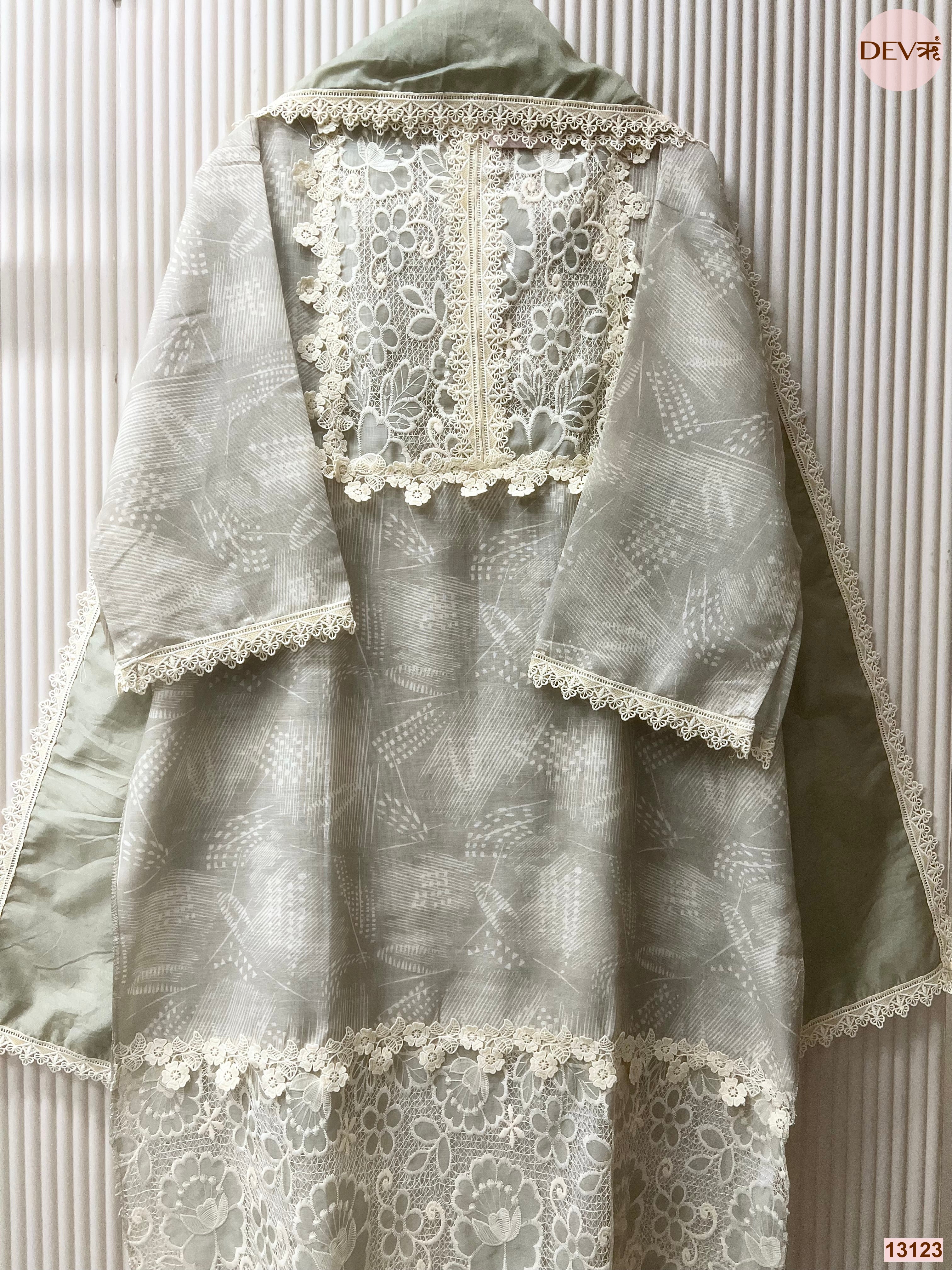 Sage Linen Embroidered Unstitched 3-Piece Suit (Devri – D.No 13123)
