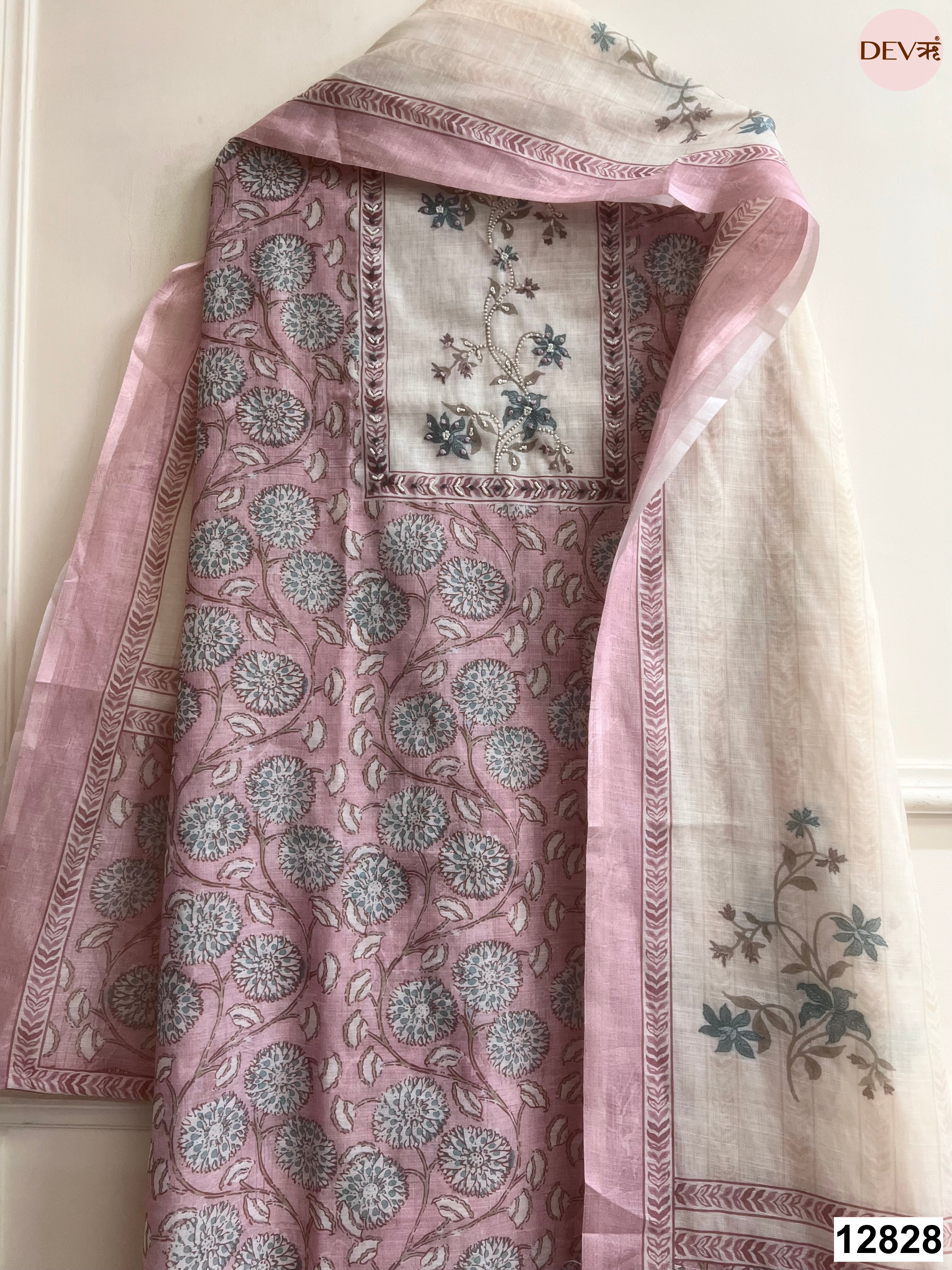 Pink Linen Cotton Printed Unstitched 3-Piece Suit (Devri – D.No 12828)