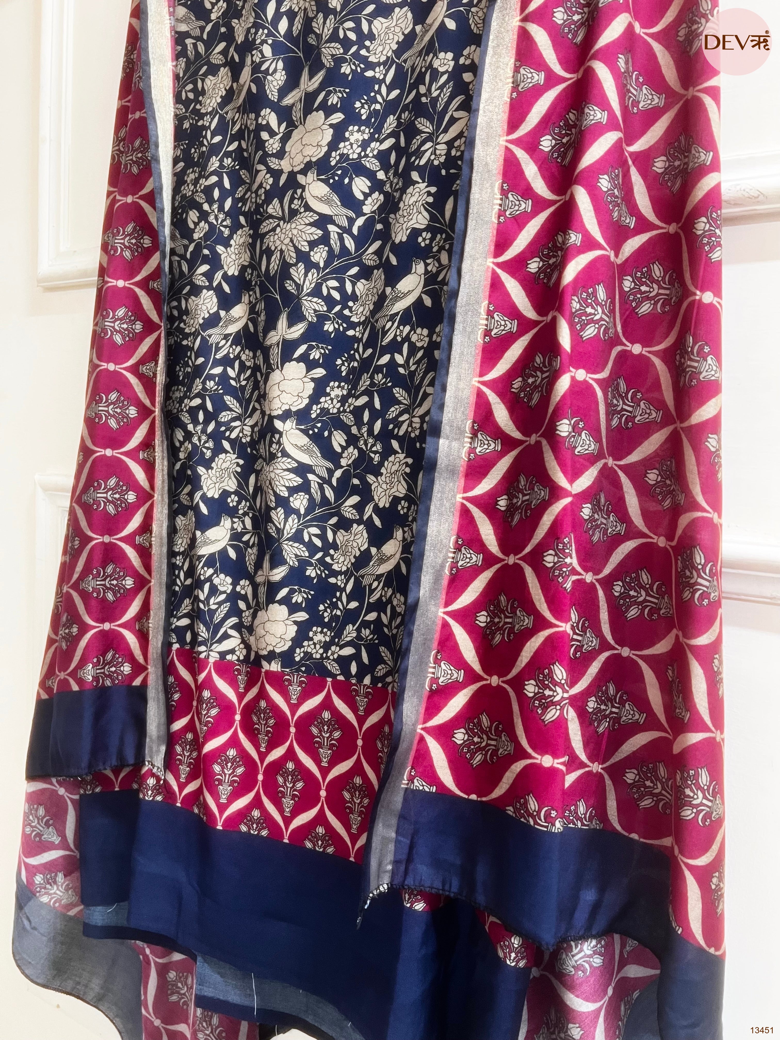 Navy Maheshwari Silk Printed Unstitched 3-Piece Suit (Devri – D.No 13451)