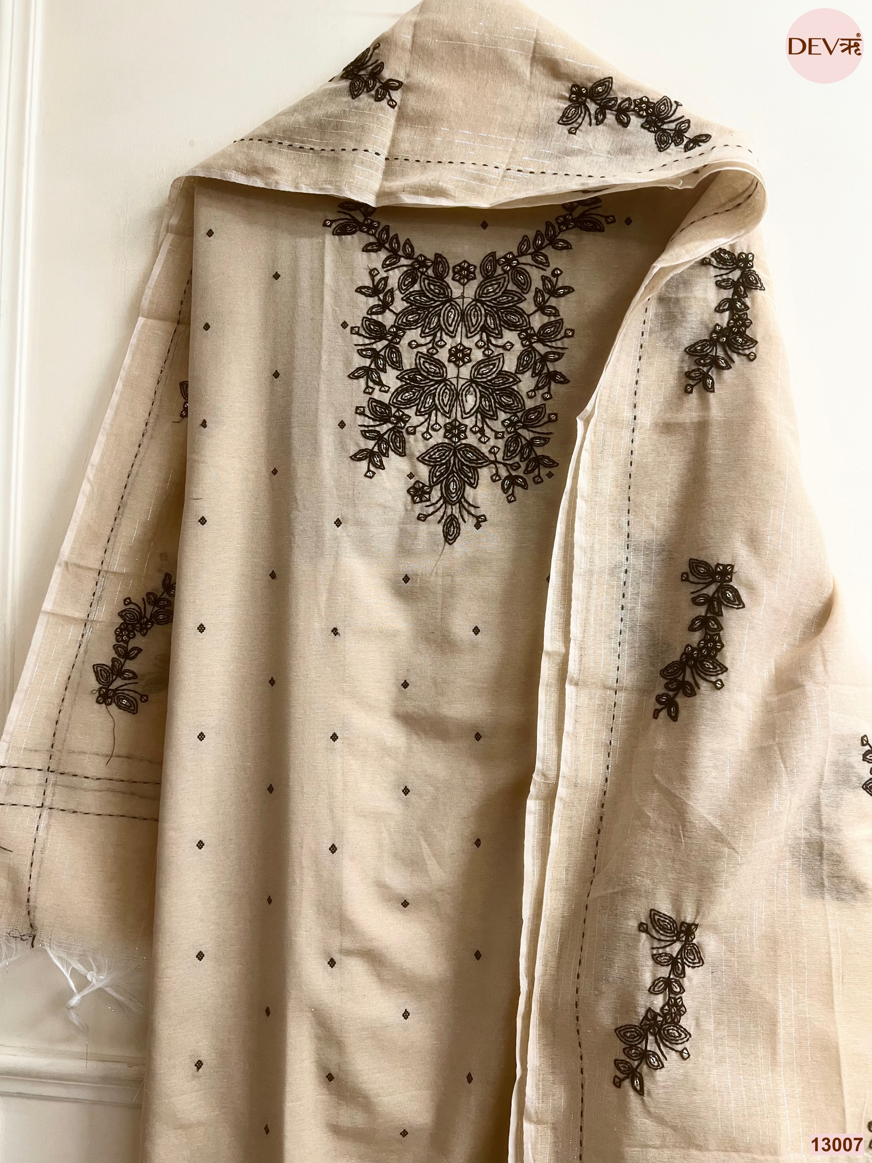Beige Cotton Handloom Embroidered Unstitched 3-Piece Suit (Devri – D.No 13007)