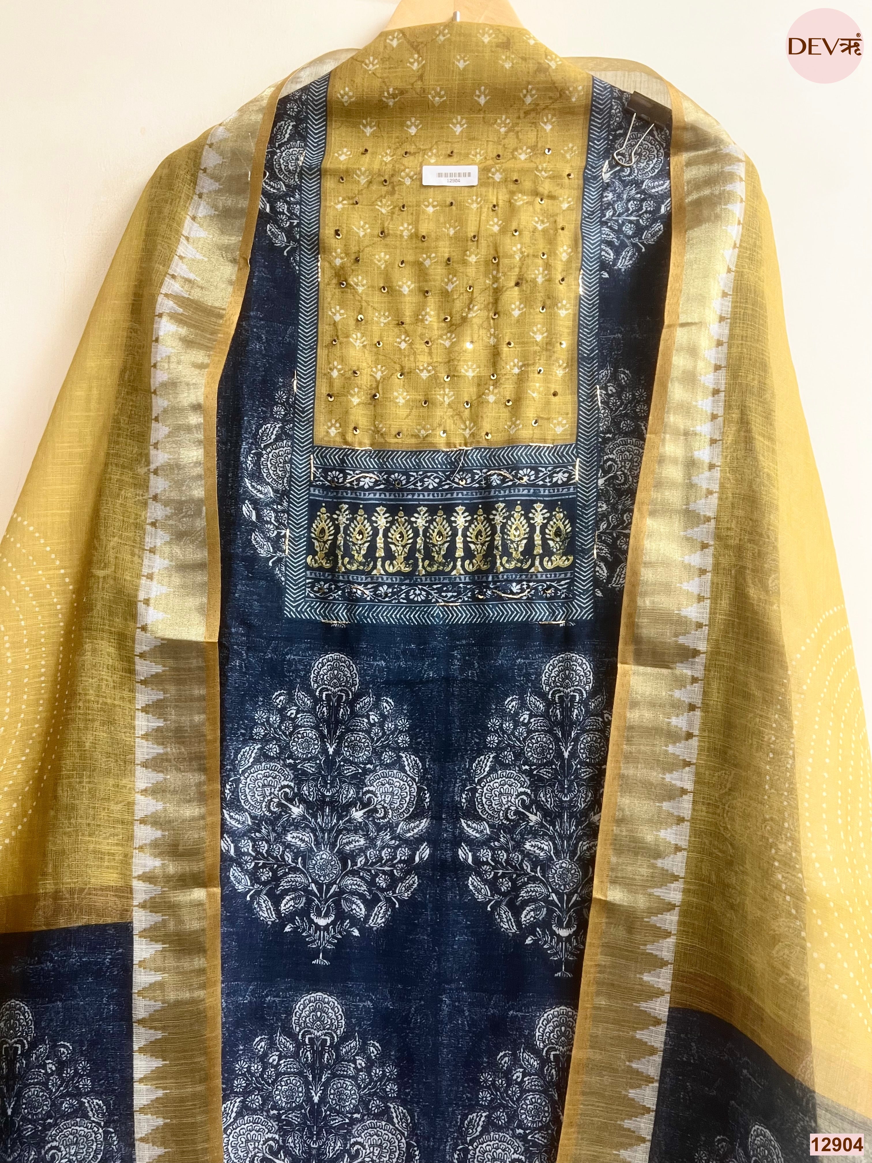 Mustard Linen Cotton Printed Unstitched 3-Piece Suit (Devri – D.No 12904)