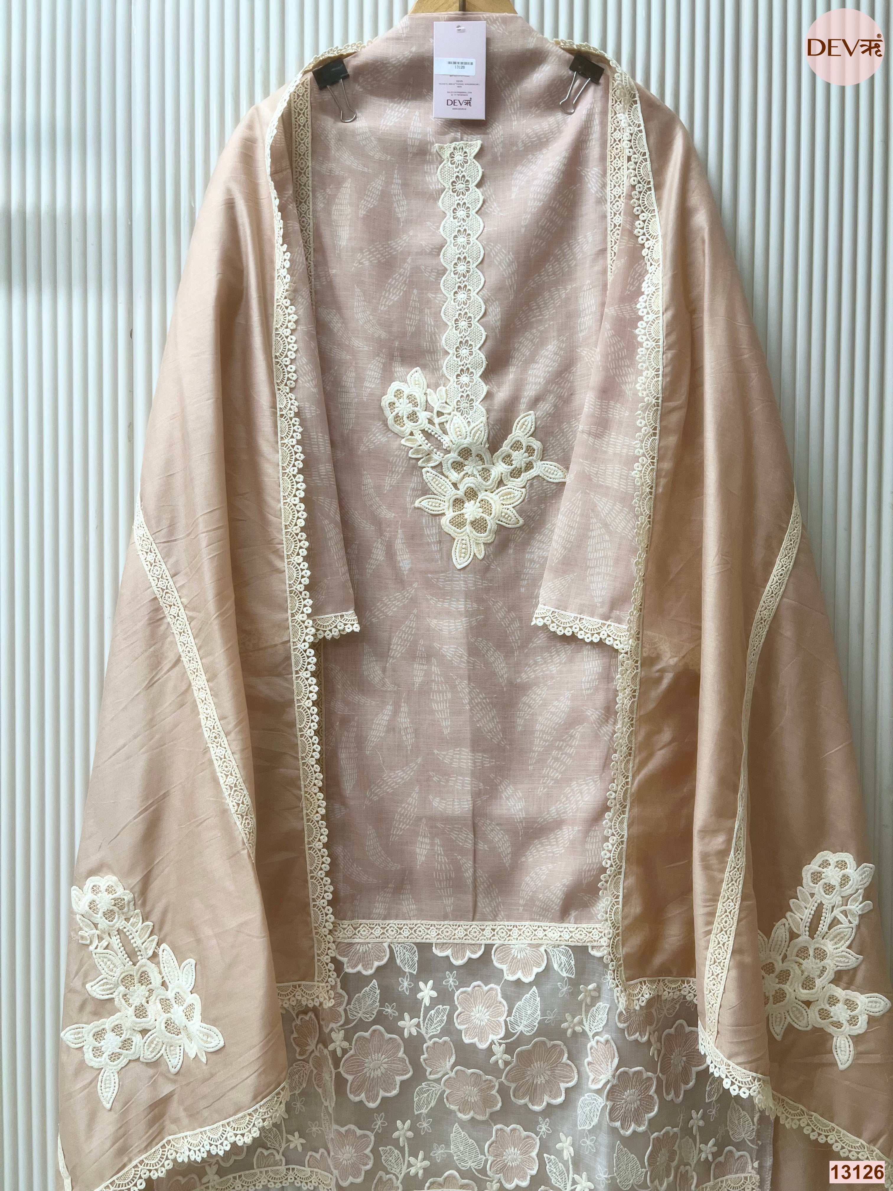 Peach Linen Cotton Embroidered Unstitched 3-Piece Suit (Devri – D.No 13126)