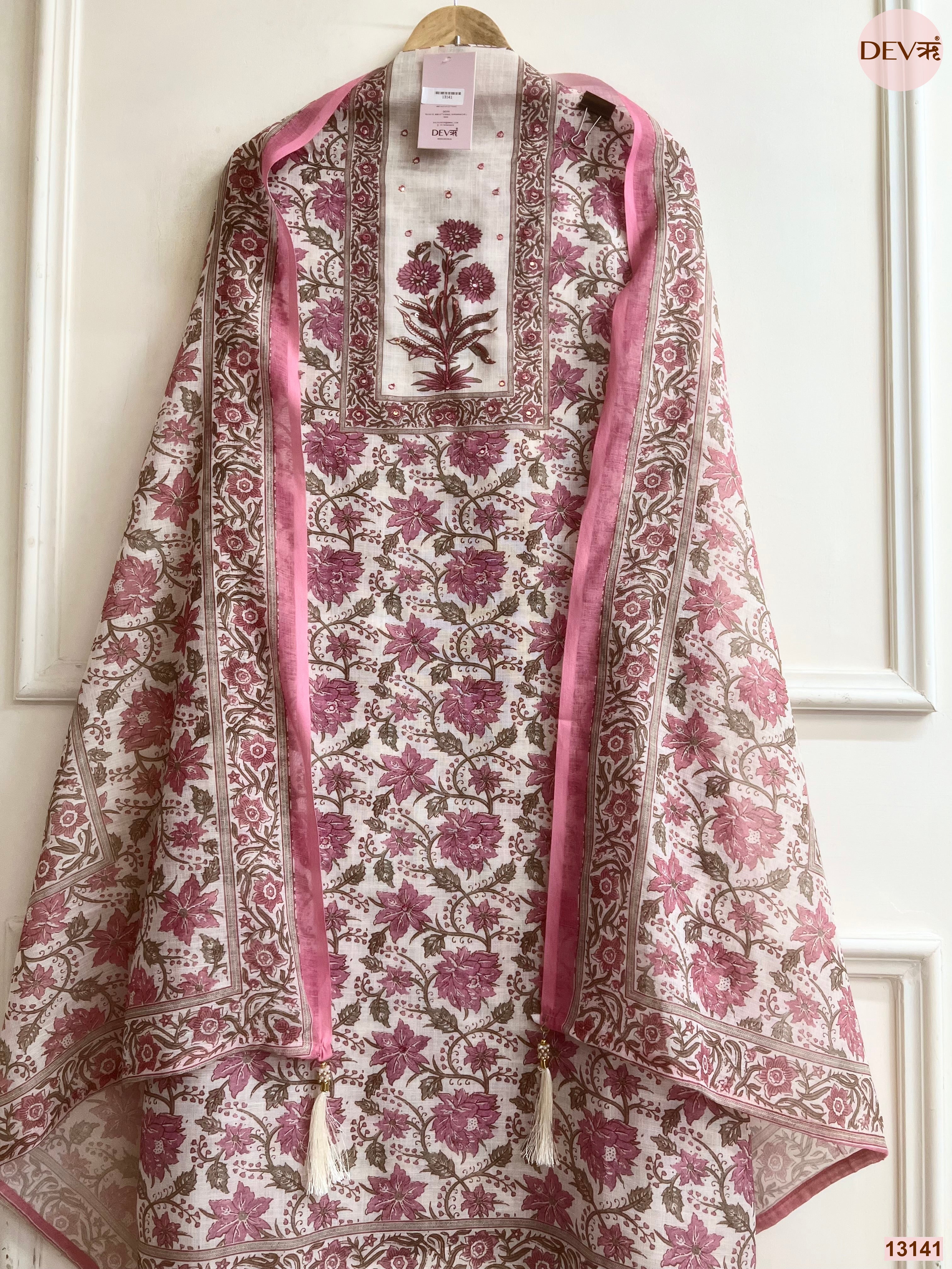 Pink Linen Printed Unstitched 3-Piece Suit (Devri – D.No 13141)