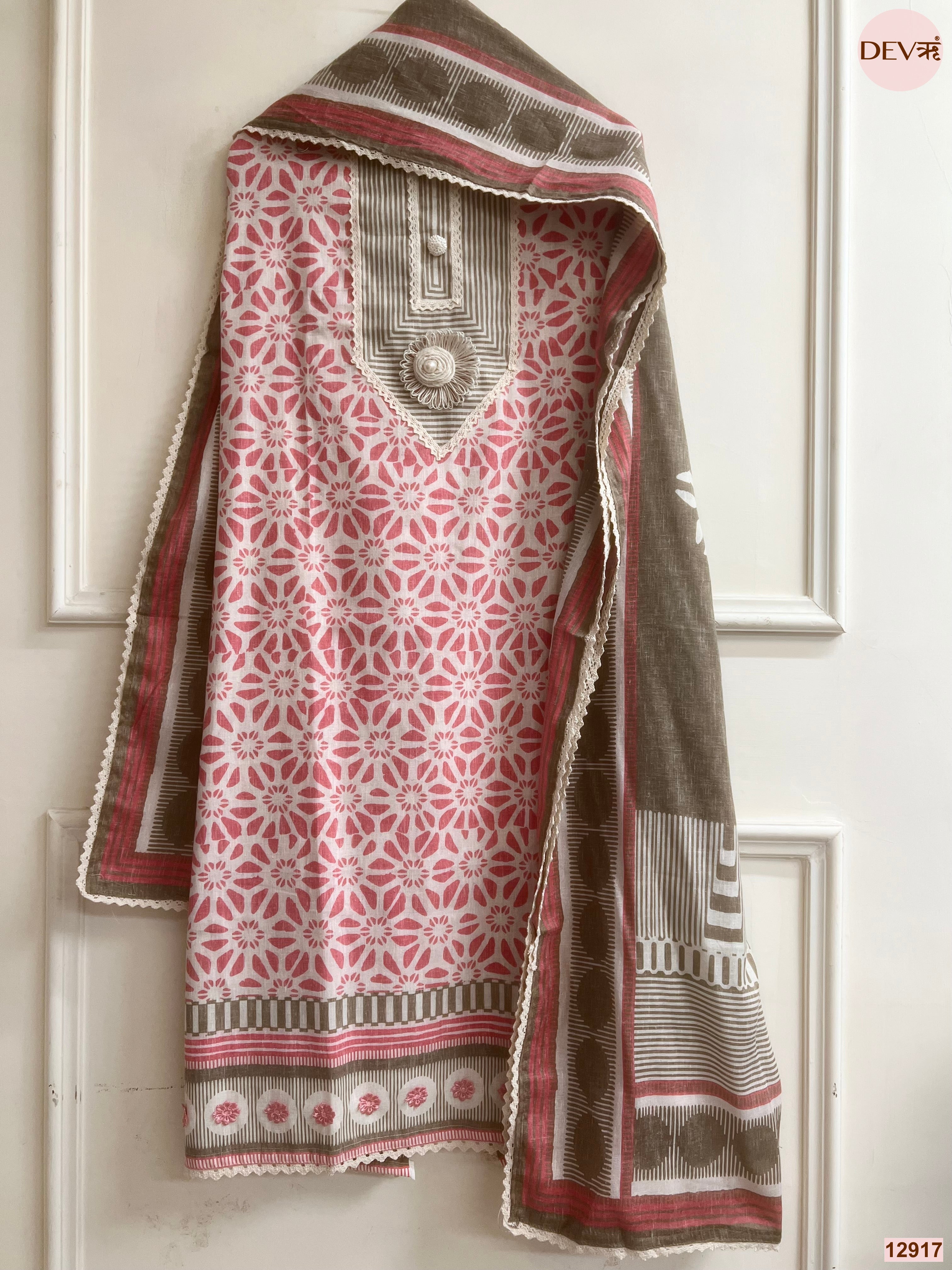 Pink Cotton Khadi Printed Unstitched 3-Piece Suit (Devri – D.No 12917)
