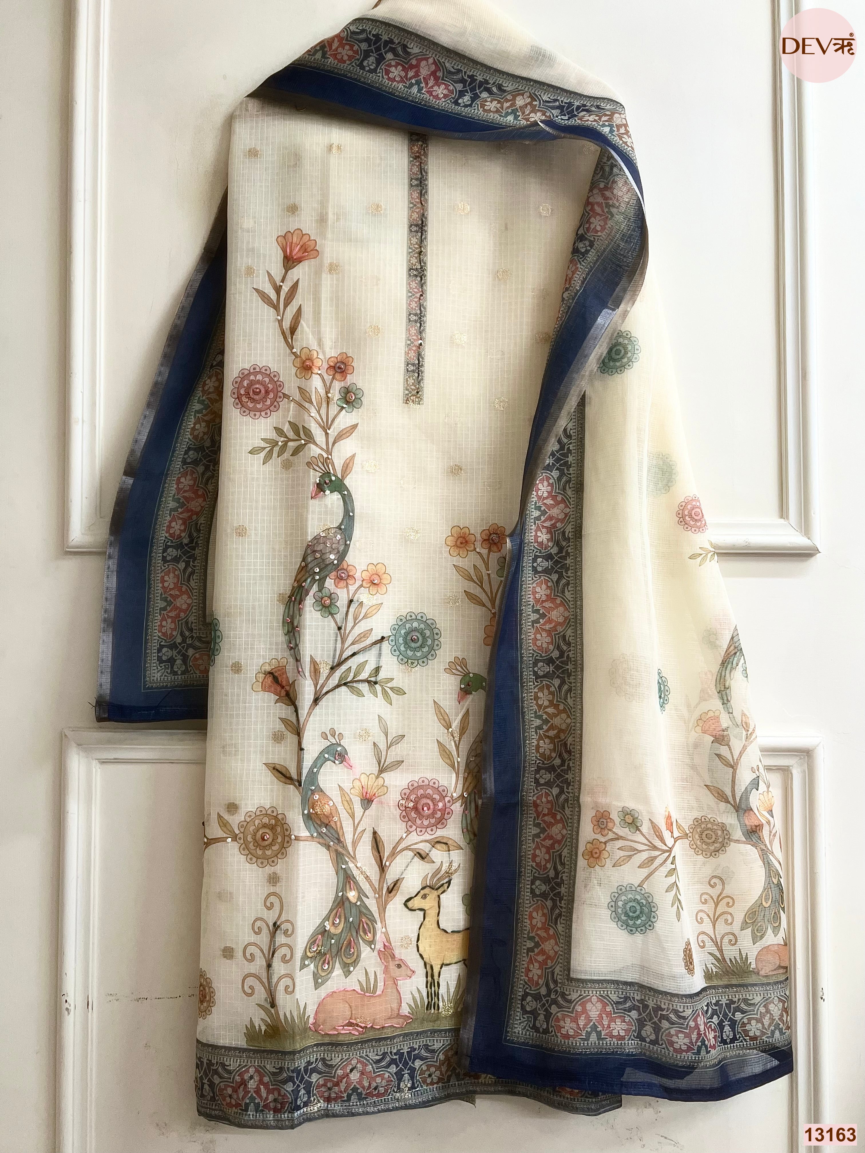 Cream Kota Printed Unstitched 3-Piece Suit (Devri – D.No 13163)